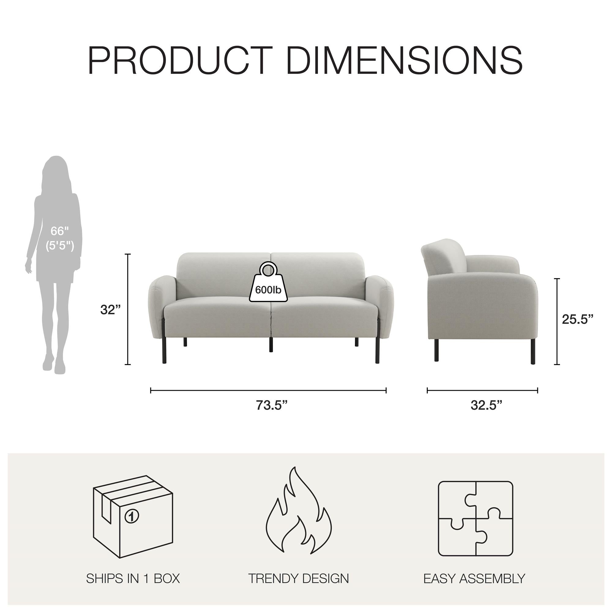 Mr. Kate Roxanne 73.5" Upholstered Sofa - Light Gray Textured Chenille - 2-Seater