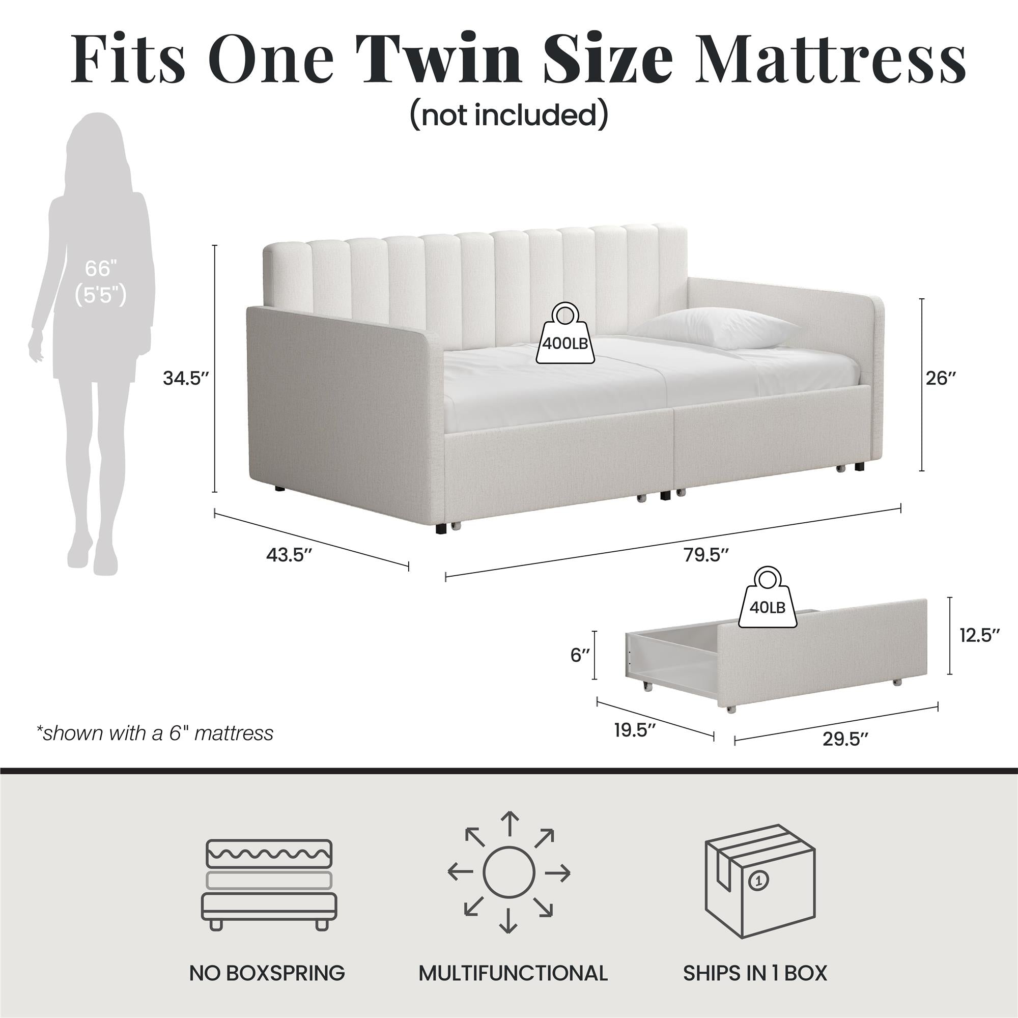 RealRooms Stratford Daybed with Storage Drawers - Cream - Twin