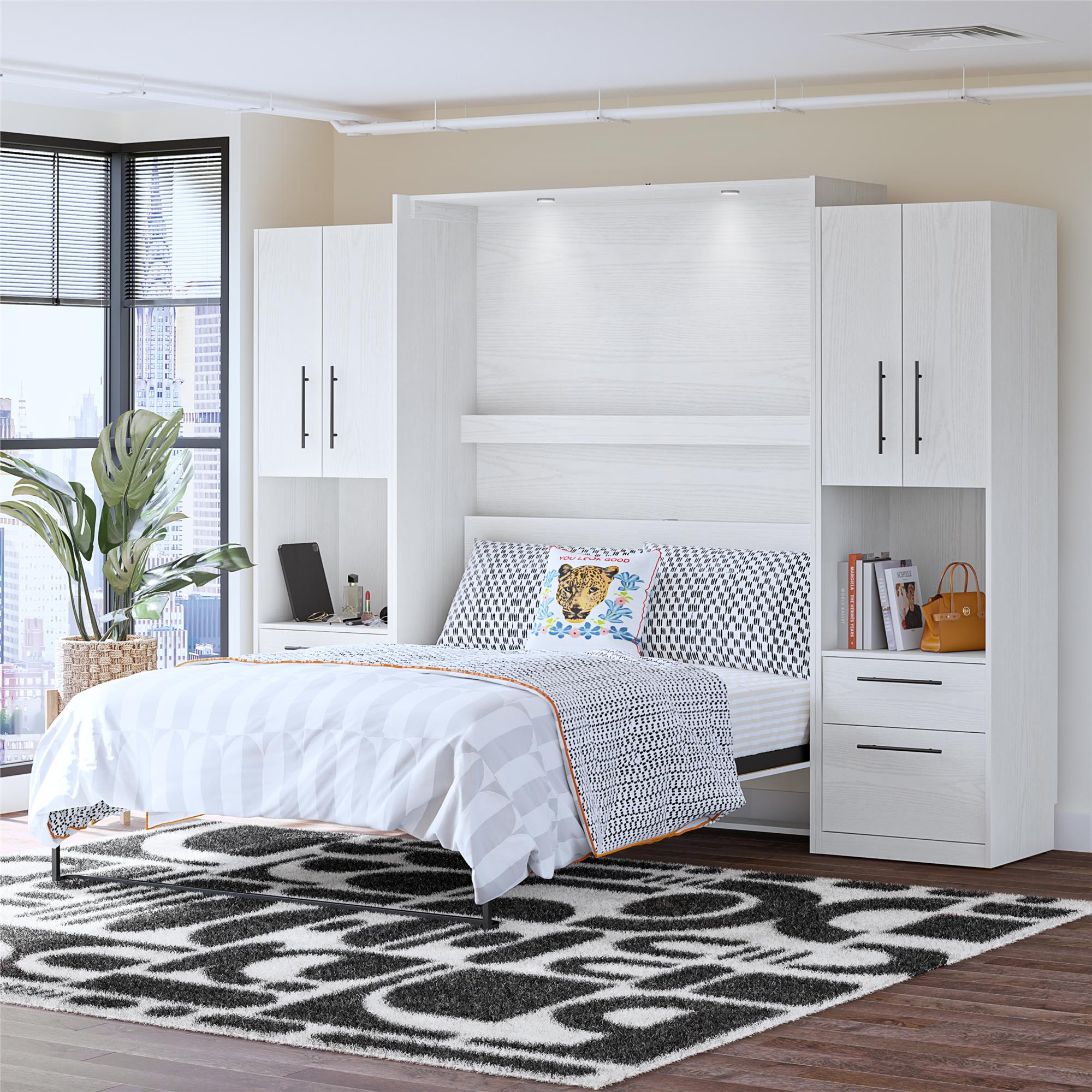 Novogratz Holly Hills Murphy Bed with Cabinets, Queen Size - White Pine - Queen
