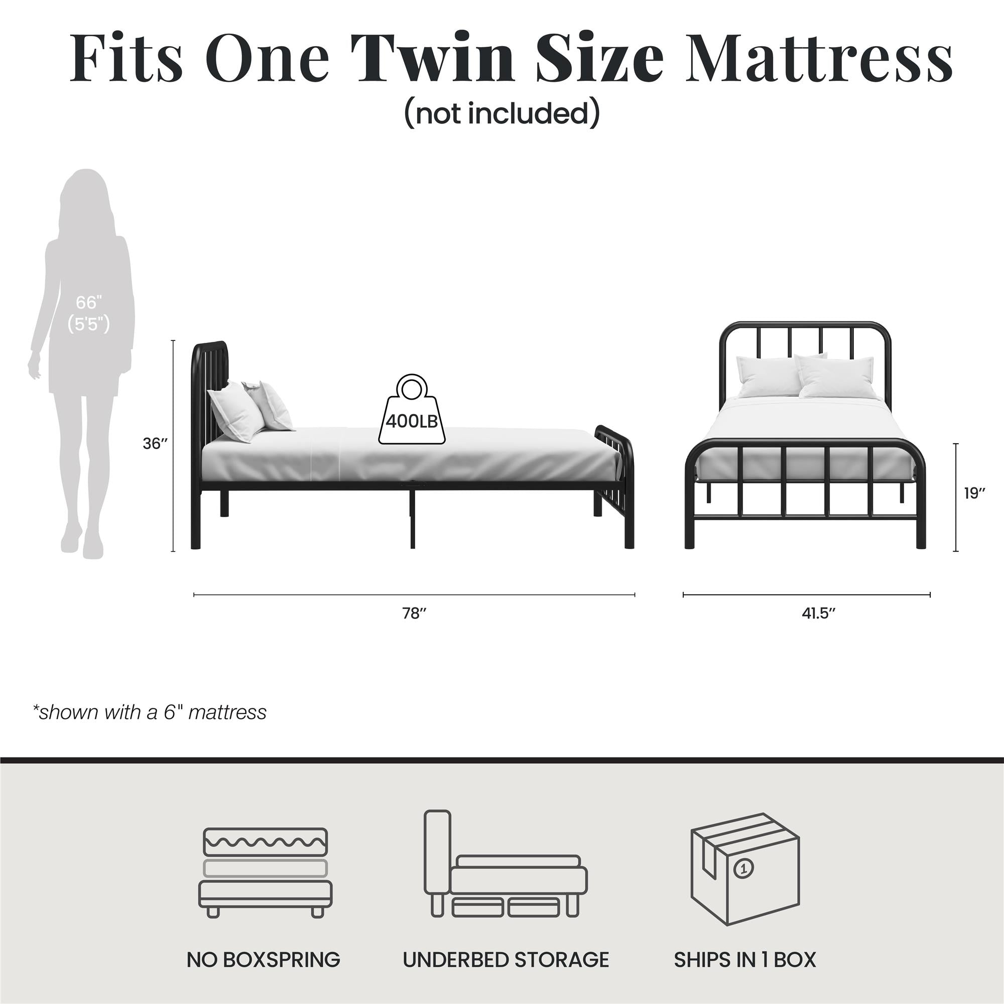 RealRooms Marva Twin Metal Bed Frame with Headboard - Black - Twin