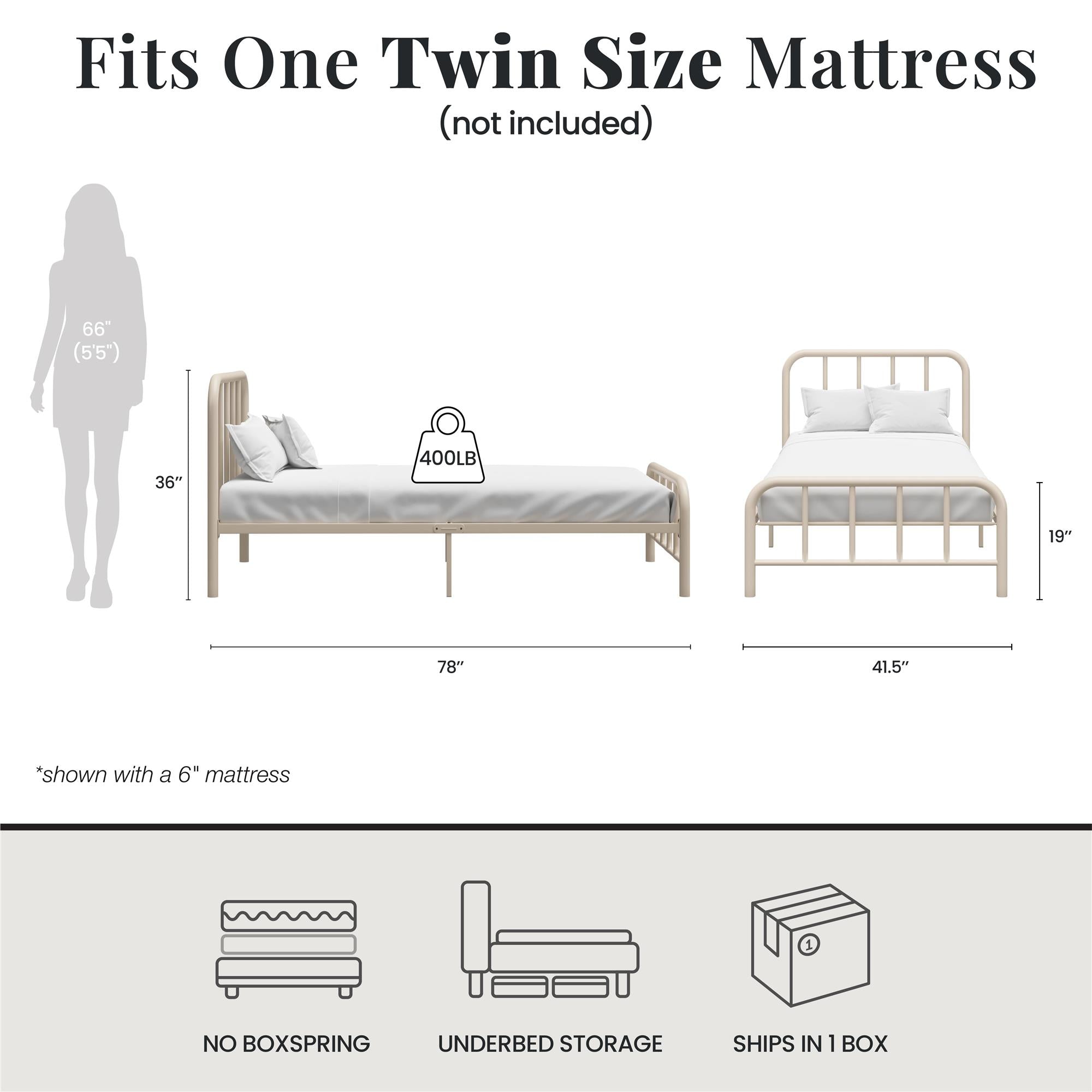 RealRooms Marva Twin Metal Bed Frame with Headboard - Parchment - Twin