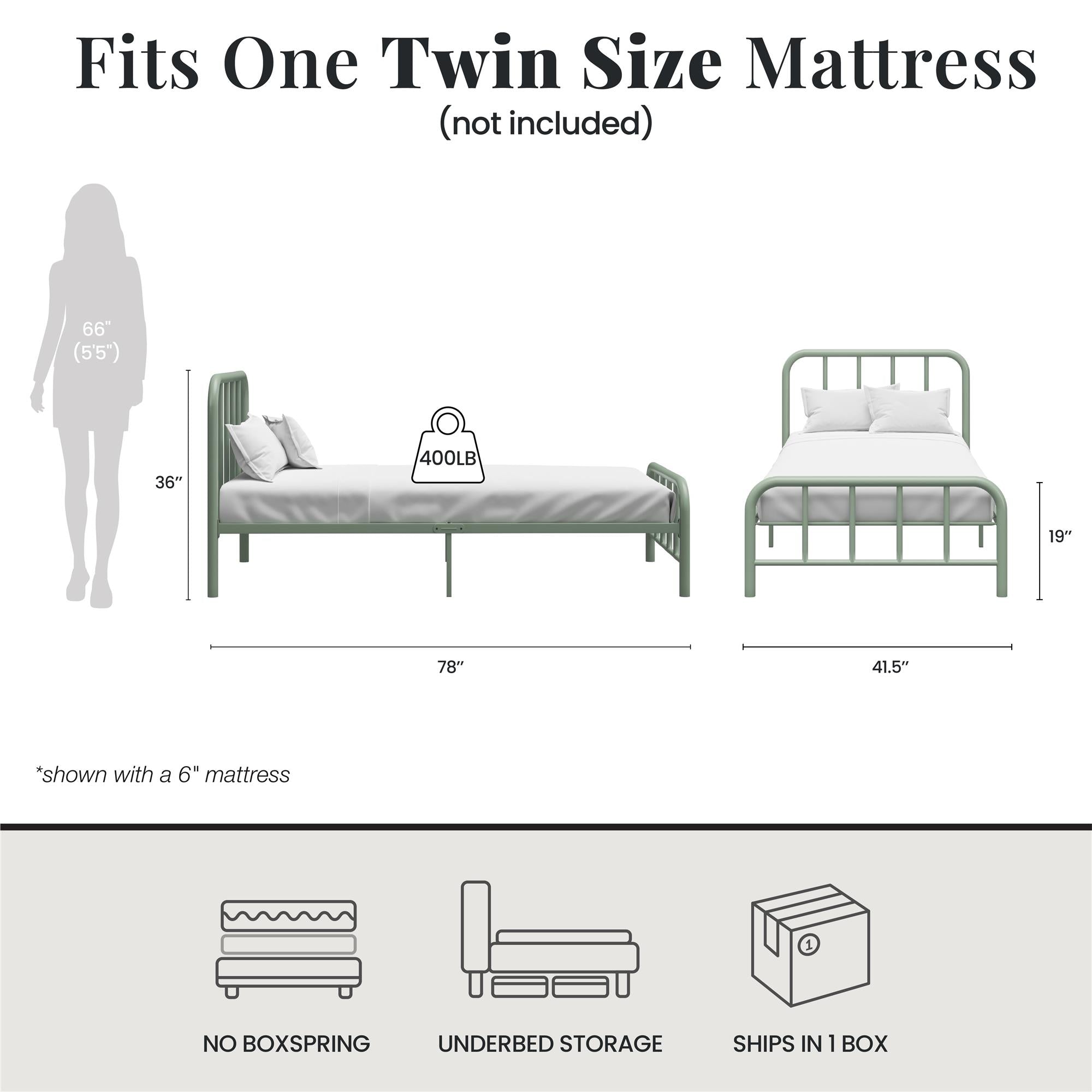 RealRooms Marva Twin Metal Bed Frame with Headboard - Pale Green - Twin