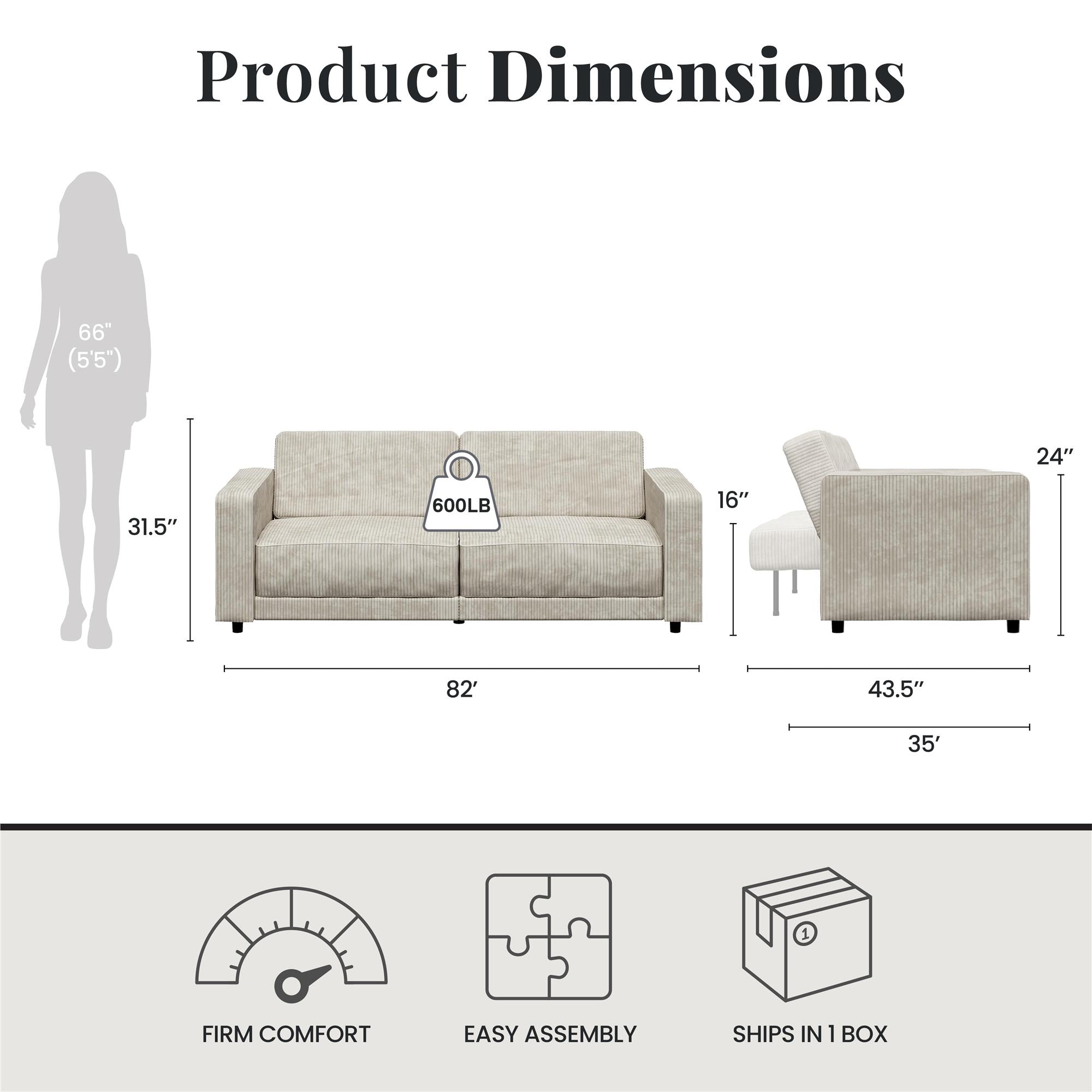 RealRooms Allie Corduroy 82" Futon Sofa Bed, Ivory - Ivory Corduroy - 3-Seater