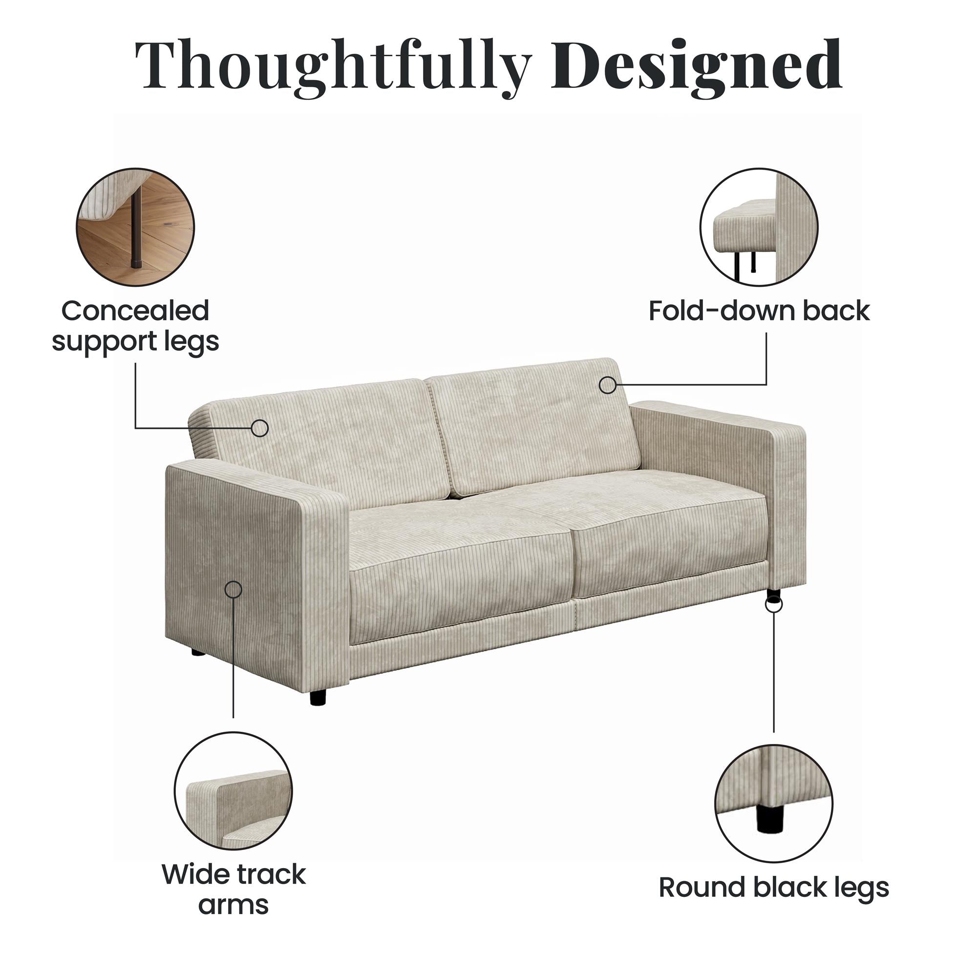 RealRooms Allie Corduroy 82" Futon Sofa Bed, Ivory - Ivory Corduroy - 3-Seater