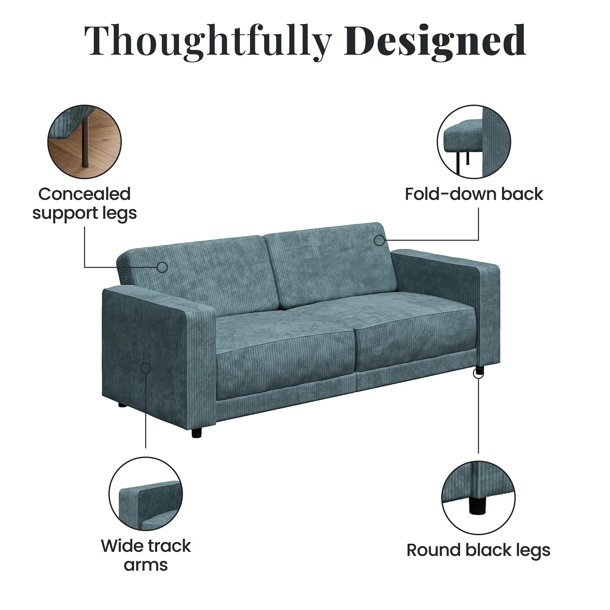 RealRooms Allie Corduroy 82" Futon Sofa Bed, Teal - Teal Corduroy - 3-Seater
