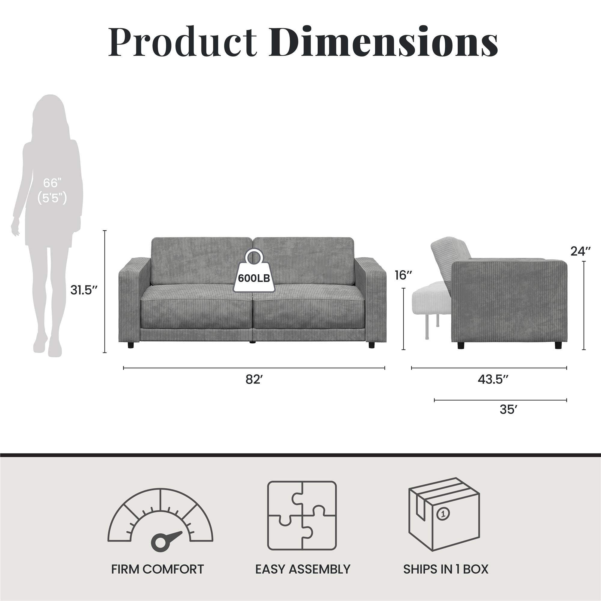RealRooms Allie Corduroy 82" Futon Sofa Bed, Gray - Gray Corduroy - 3-Seater