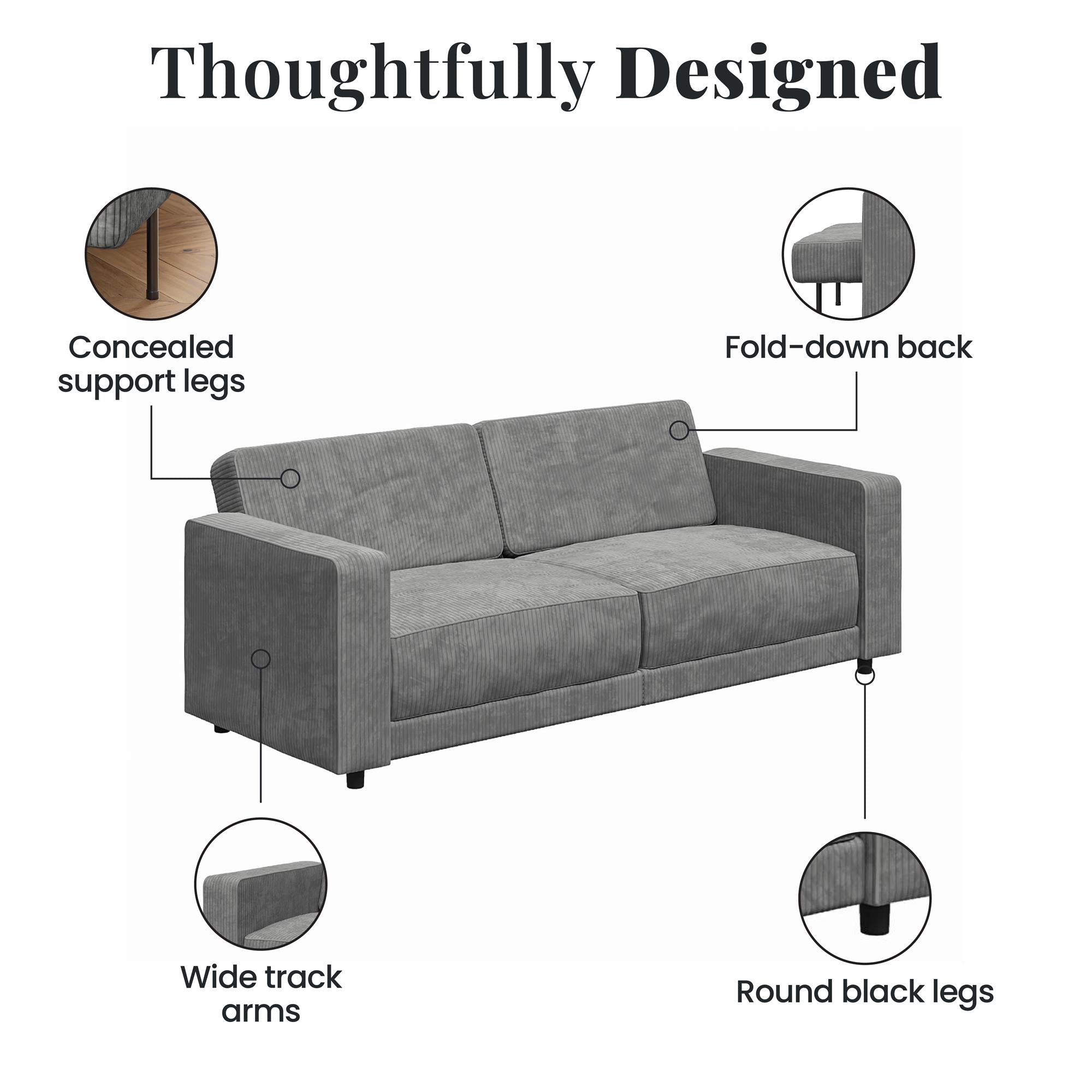 RealRooms Allie Corduroy 82" Futon Sofa Bed, Gray - Gray Corduroy - 3-Seater