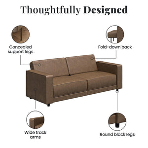 RealRooms Allie Faux Leather 82" Futon Sofa Bed, Brown - Brown Faux Leather - 3-Seater