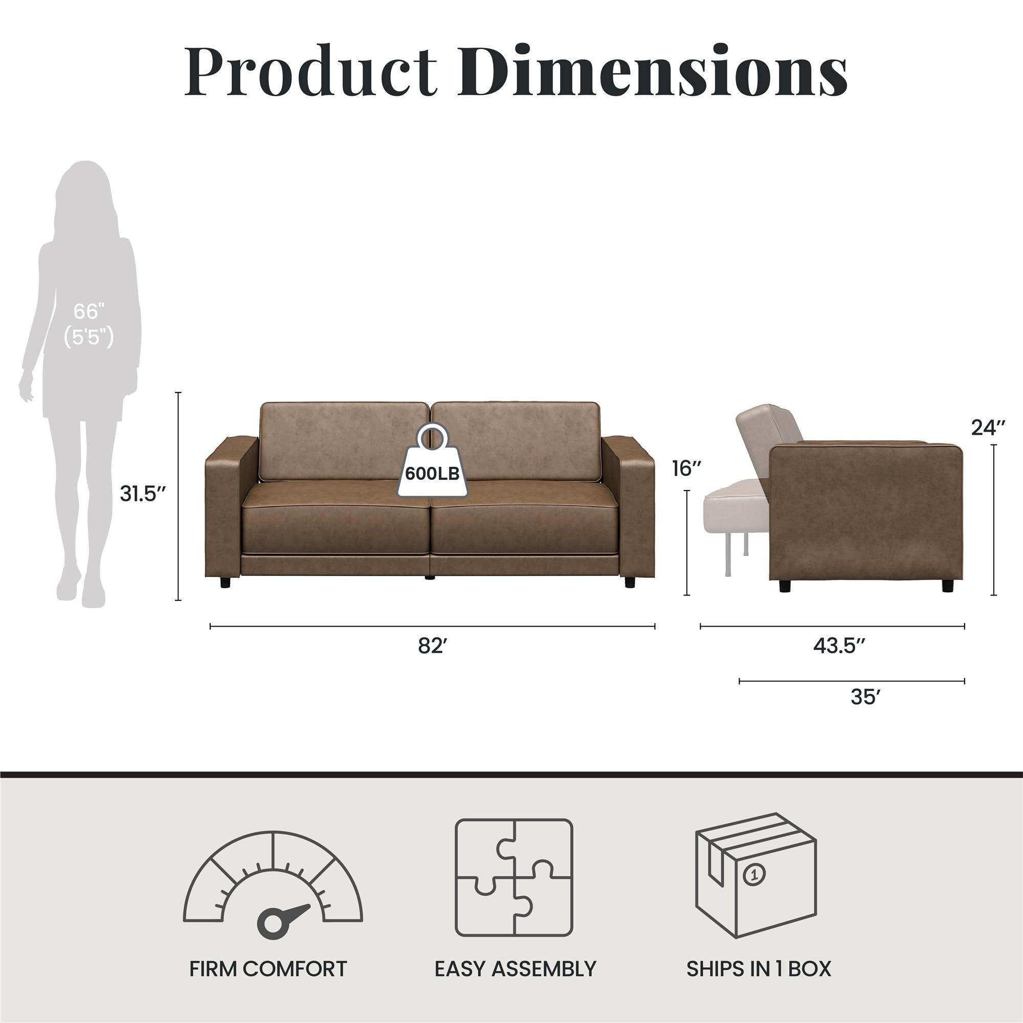 RealRooms Allie Faux Leather 82" Futon Sofa Bed, Brown - Brown Faux Leather - 3-Seater