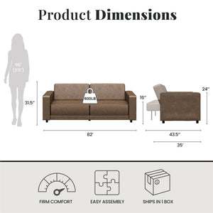 RealRooms Allie Faux Leather 82" Futon Sofa Bed, Brown - Brown Faux Leather - 3-Seater