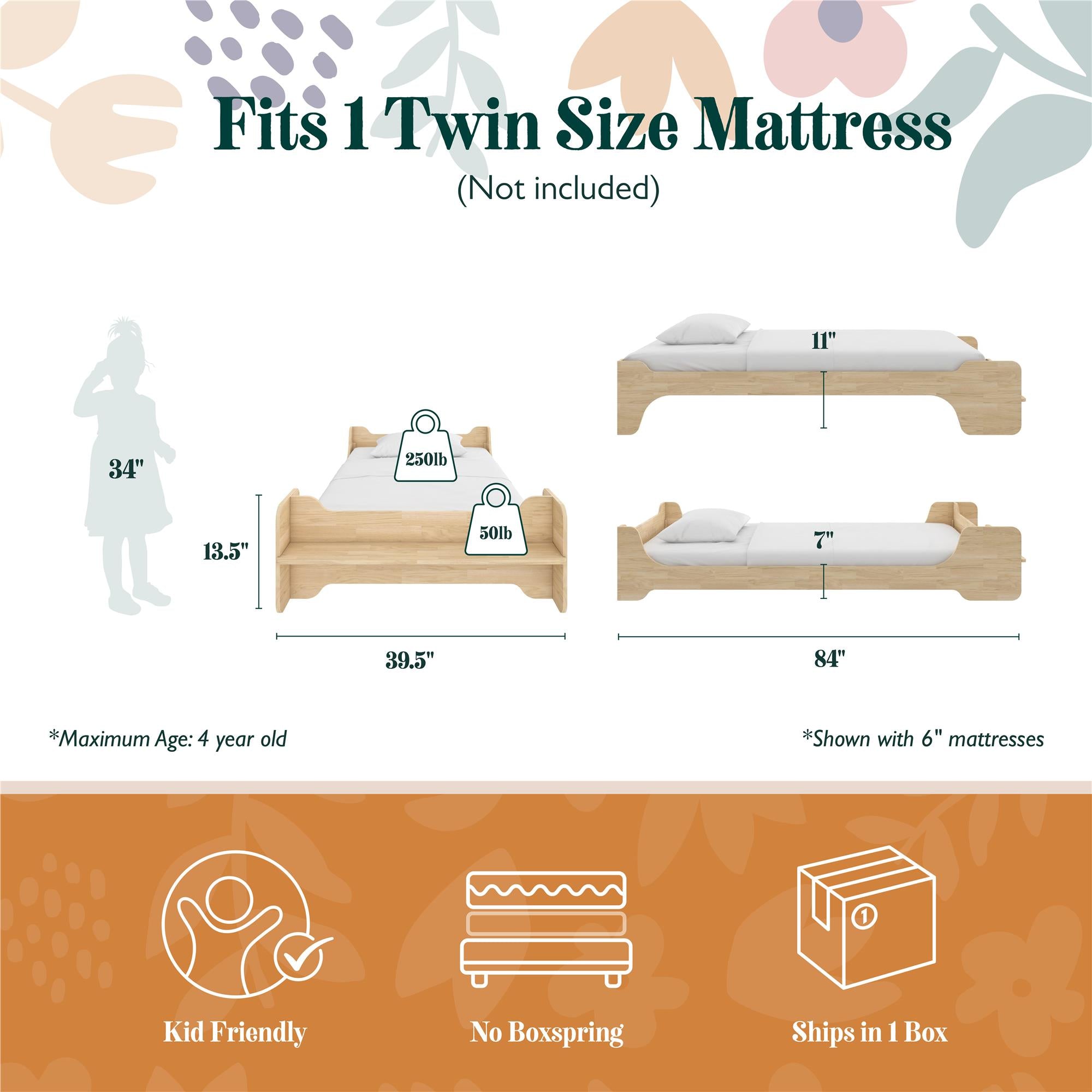 Max & Finn Murdock Montessori Floor Bed with Shelf, Twin, Natural - Natural - Twin