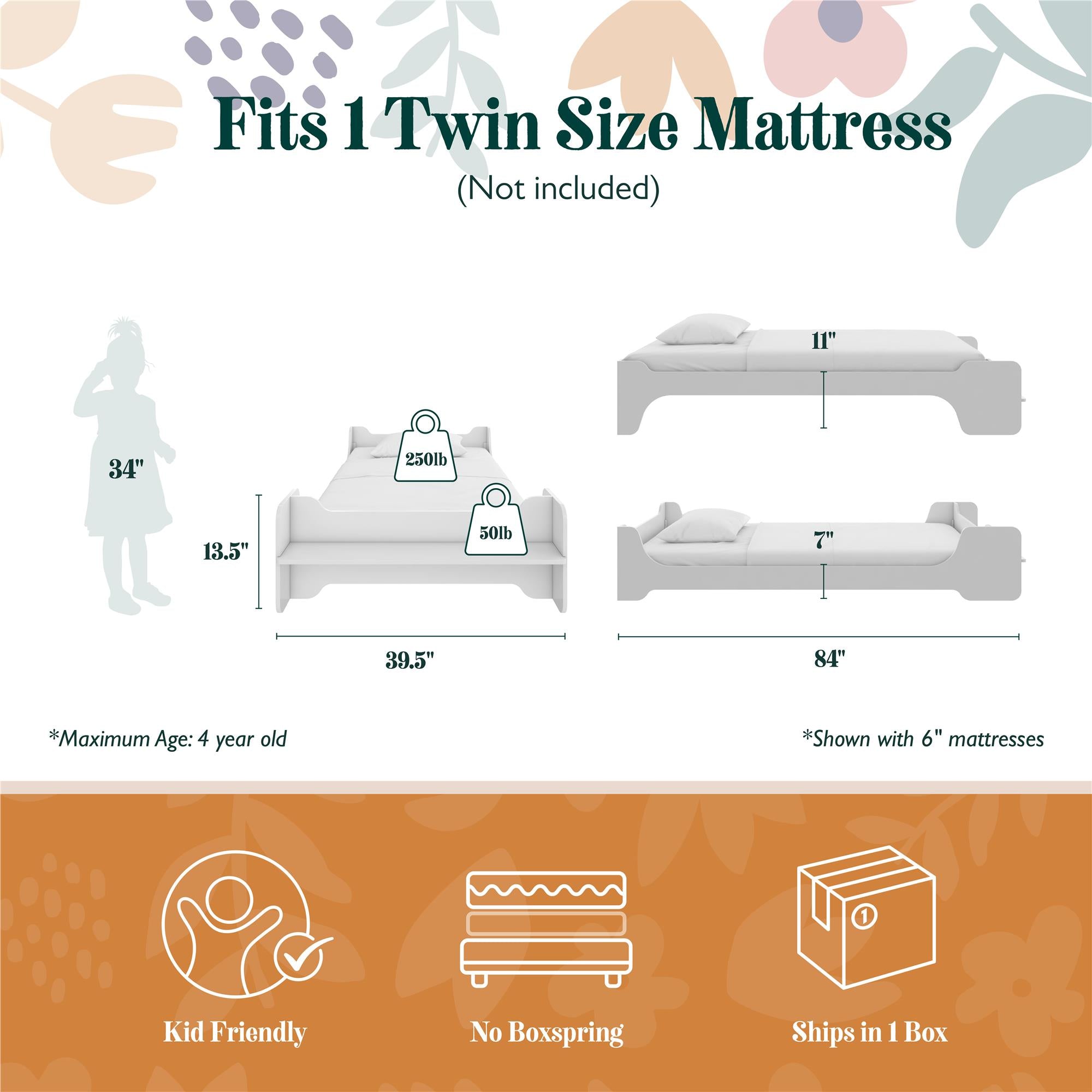 Max & Finn Murdock Montessori Floor Bed with Shelf, Twin, White - White - Twin