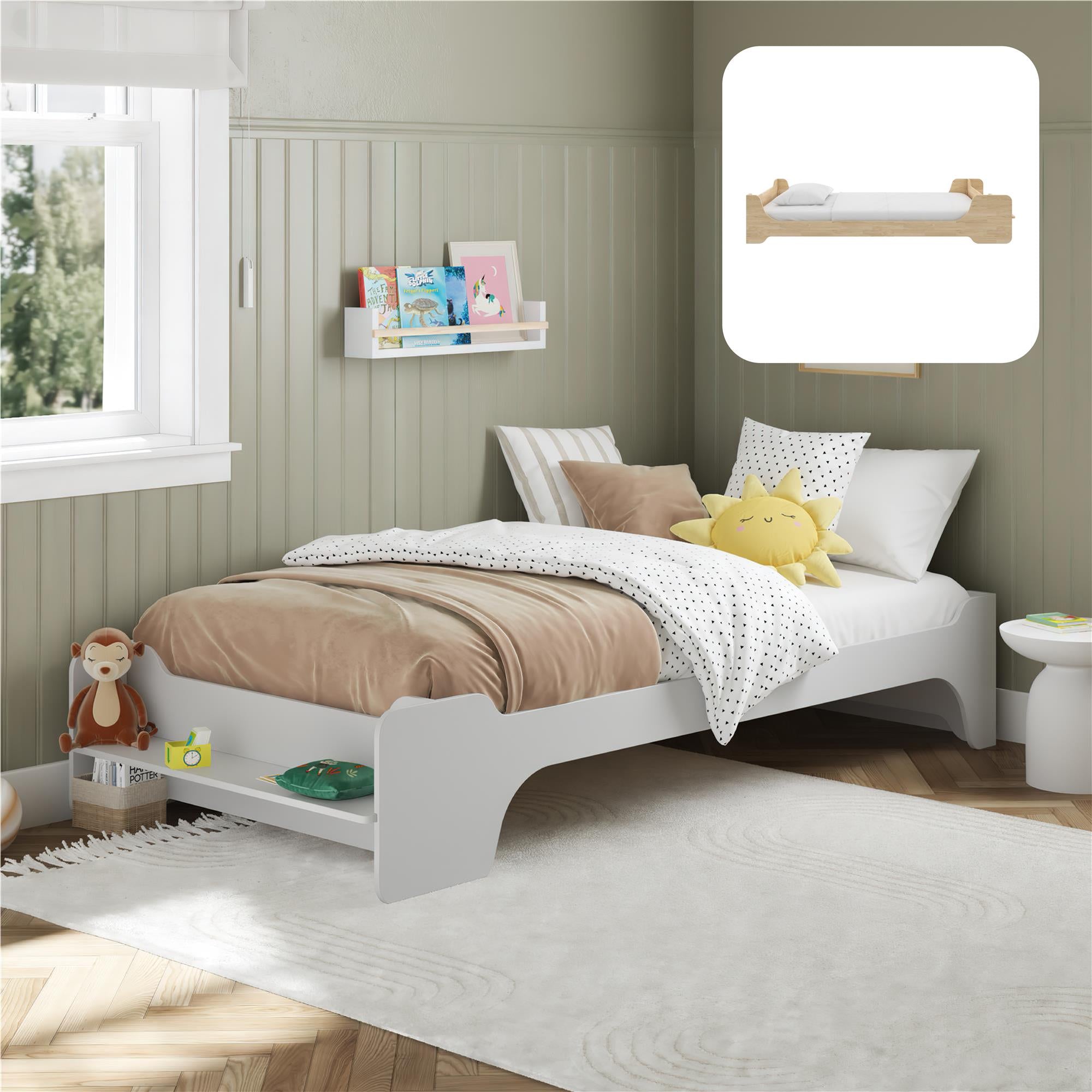 Max & Finn Murdock Montessori Floor Bed with Shelf, Twin, White - White - Twin