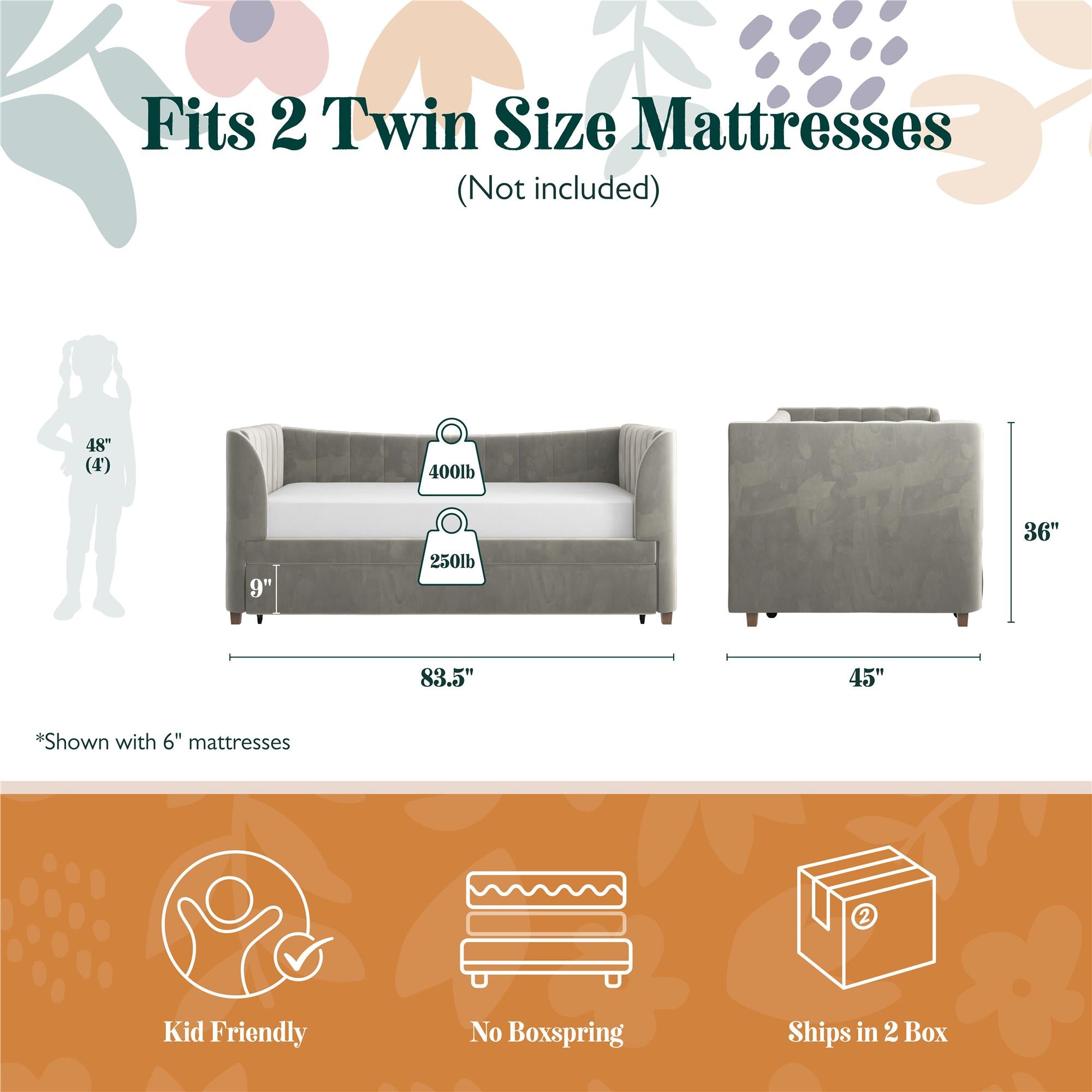Max & Finn Valentina Upholstered Daybed and Trundle - Gray - Twin