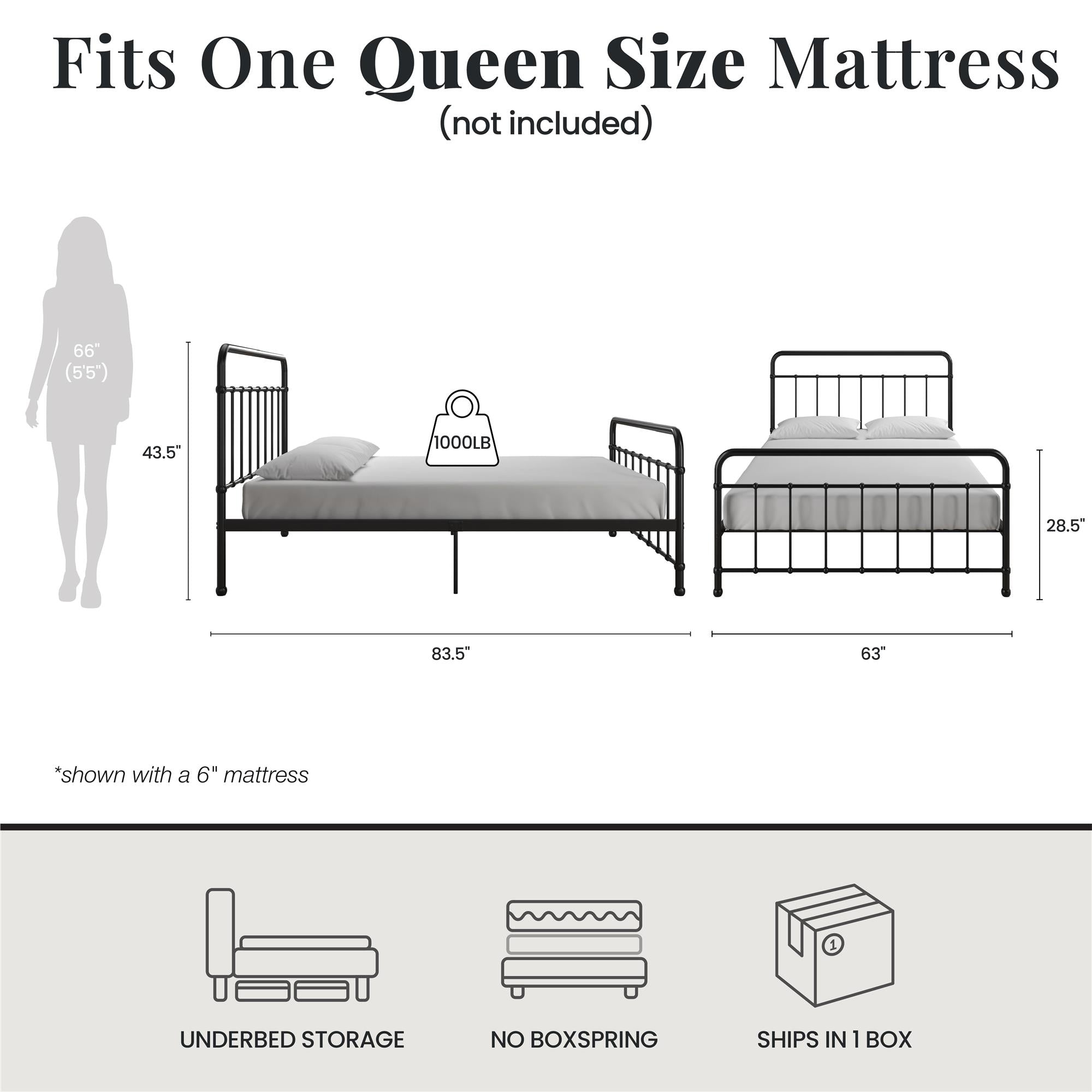 RealRooms Ainsley Queen Metal Platform Bed Frame, Black - Black - Queen