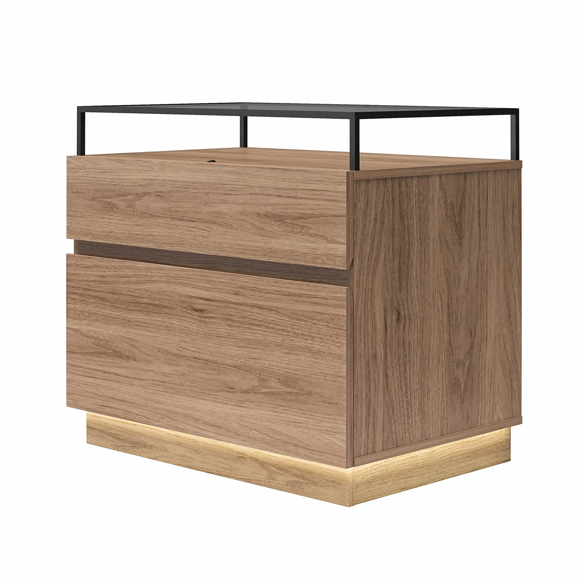 Devon Nightstand with Drawers, LED Lights and Glass Top, Danish Walnut - Danish Walnut