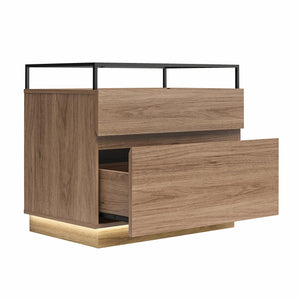Devon Nightstand with Drawers, LED Lights and Glass Top, Danish Walnut - Danish Walnut