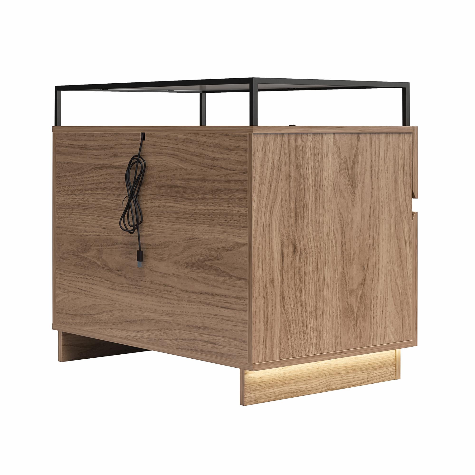 Devon Nightstand with Drawers, LED Lights and Glass Top, Danish Walnut - Danish Walnut
