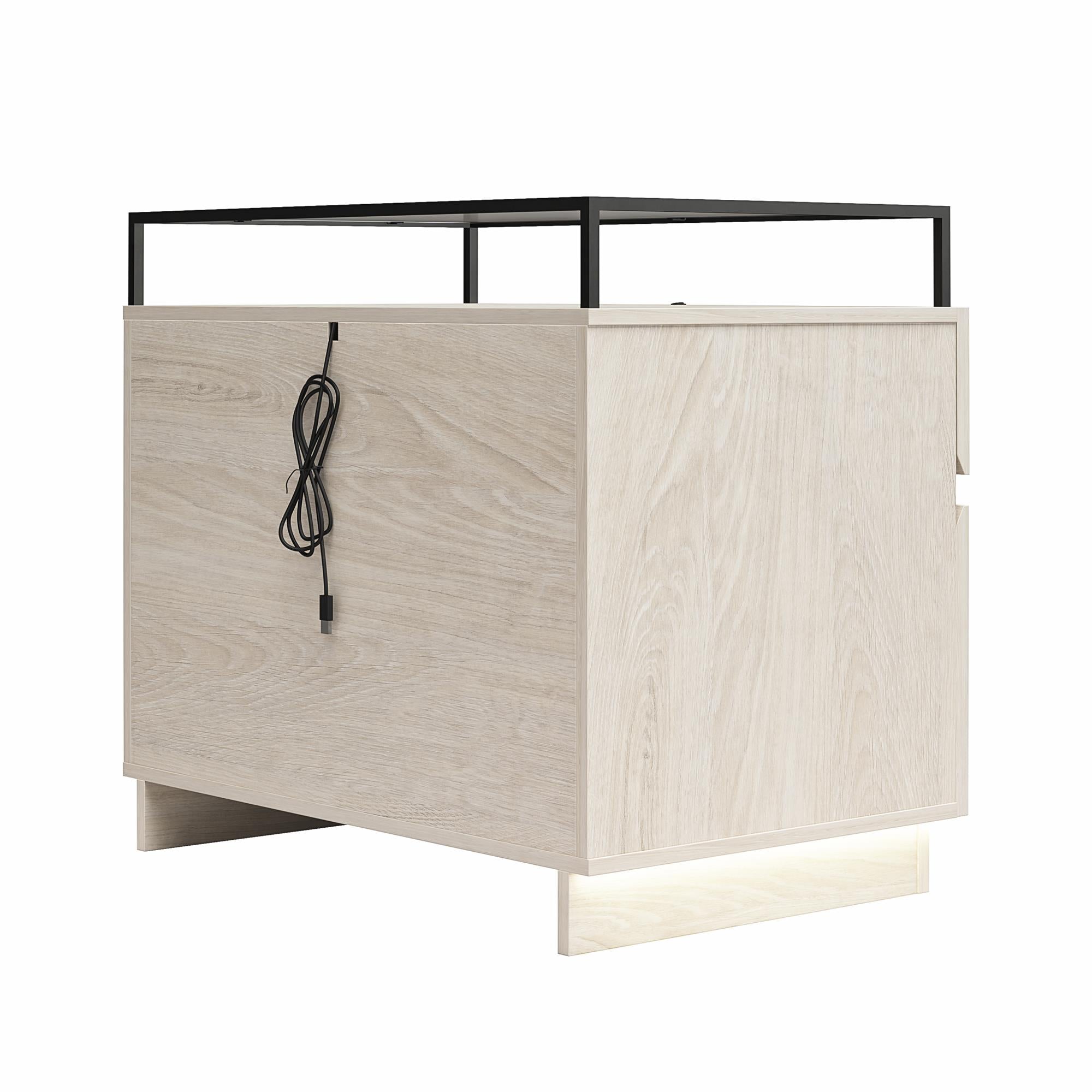 Devon Nightstand with Drawers, LED Lights and Glass Top, Eden Ash - Eden Ash