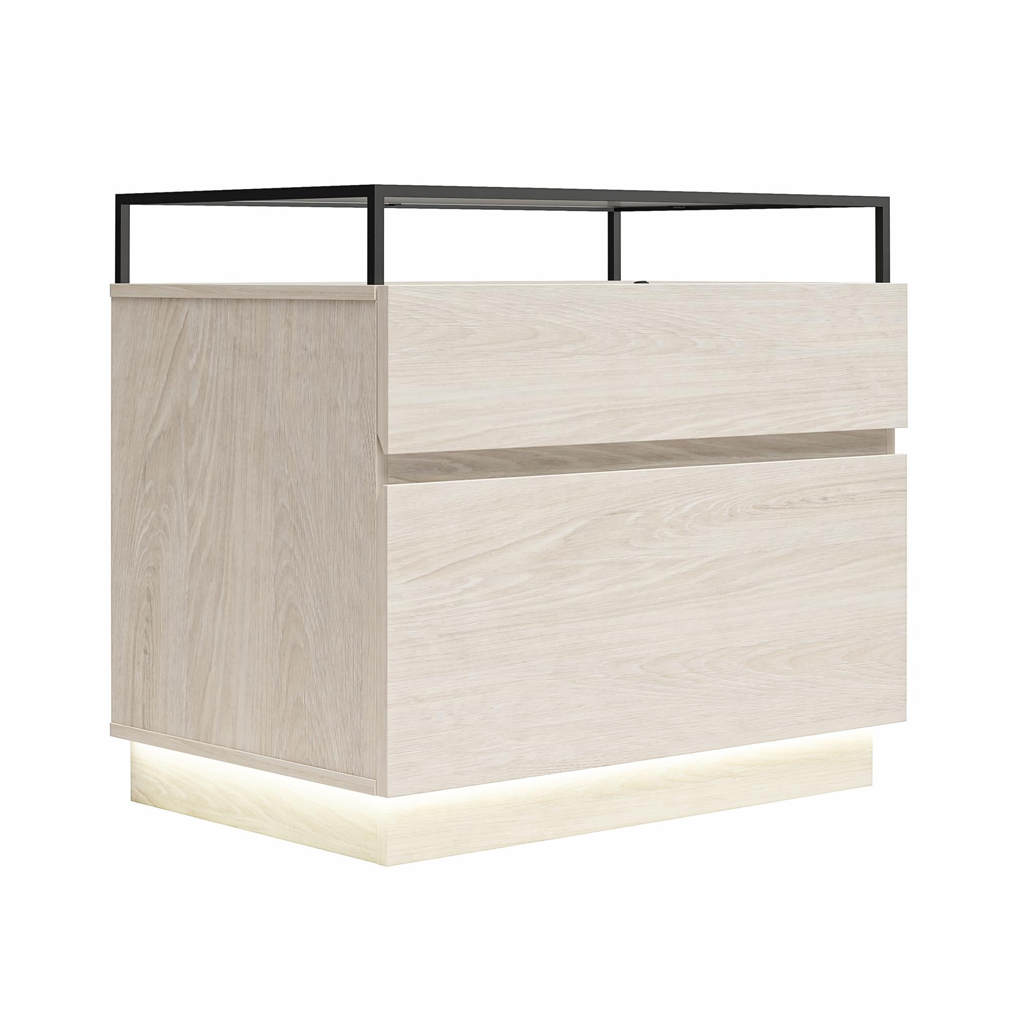 Devon Nightstand with Drawers, LED Lights and Glass Top, Eden Ash - Eden Ash