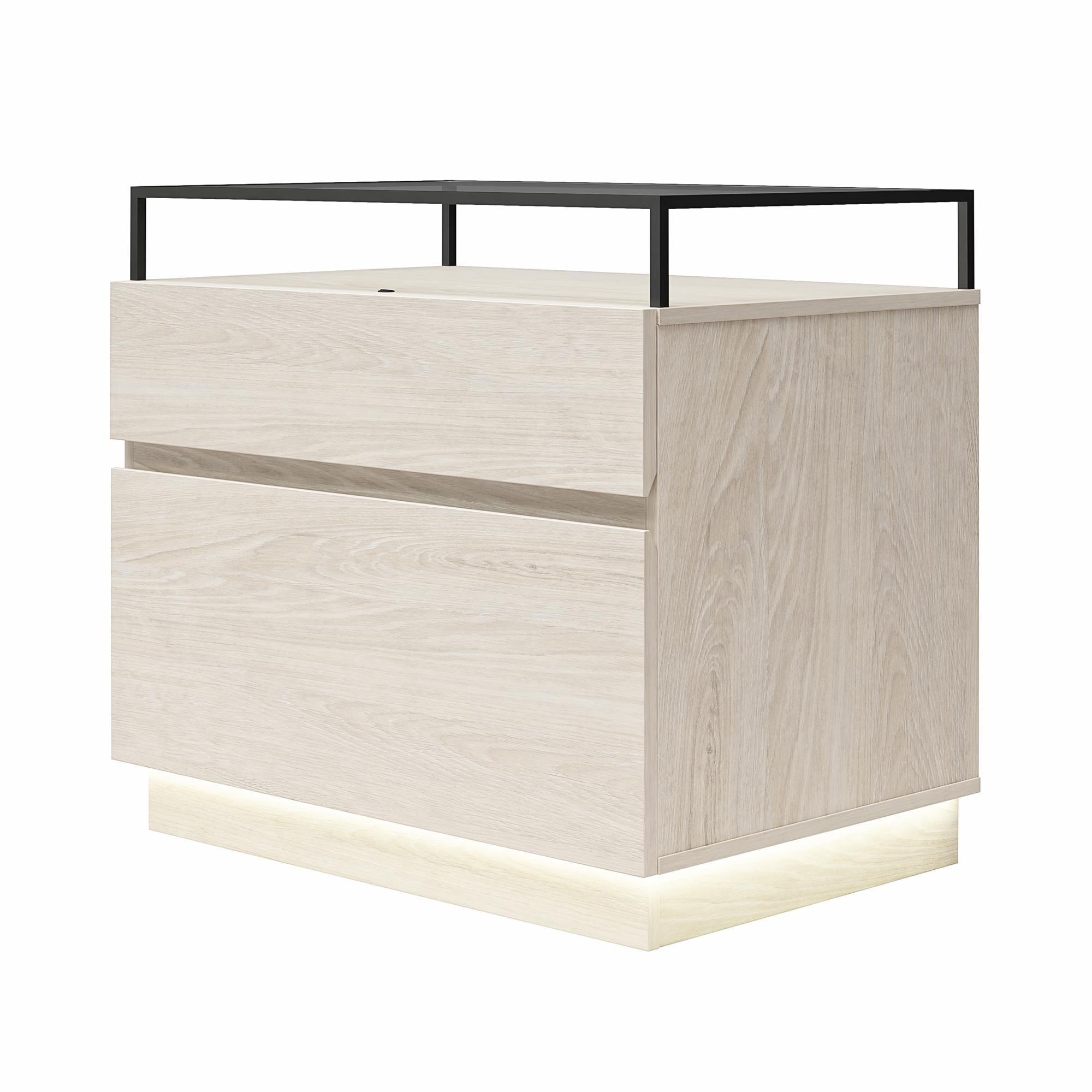 Devon Nightstand with Drawers, LED Lights and Glass Top, Eden Ash - Eden Ash