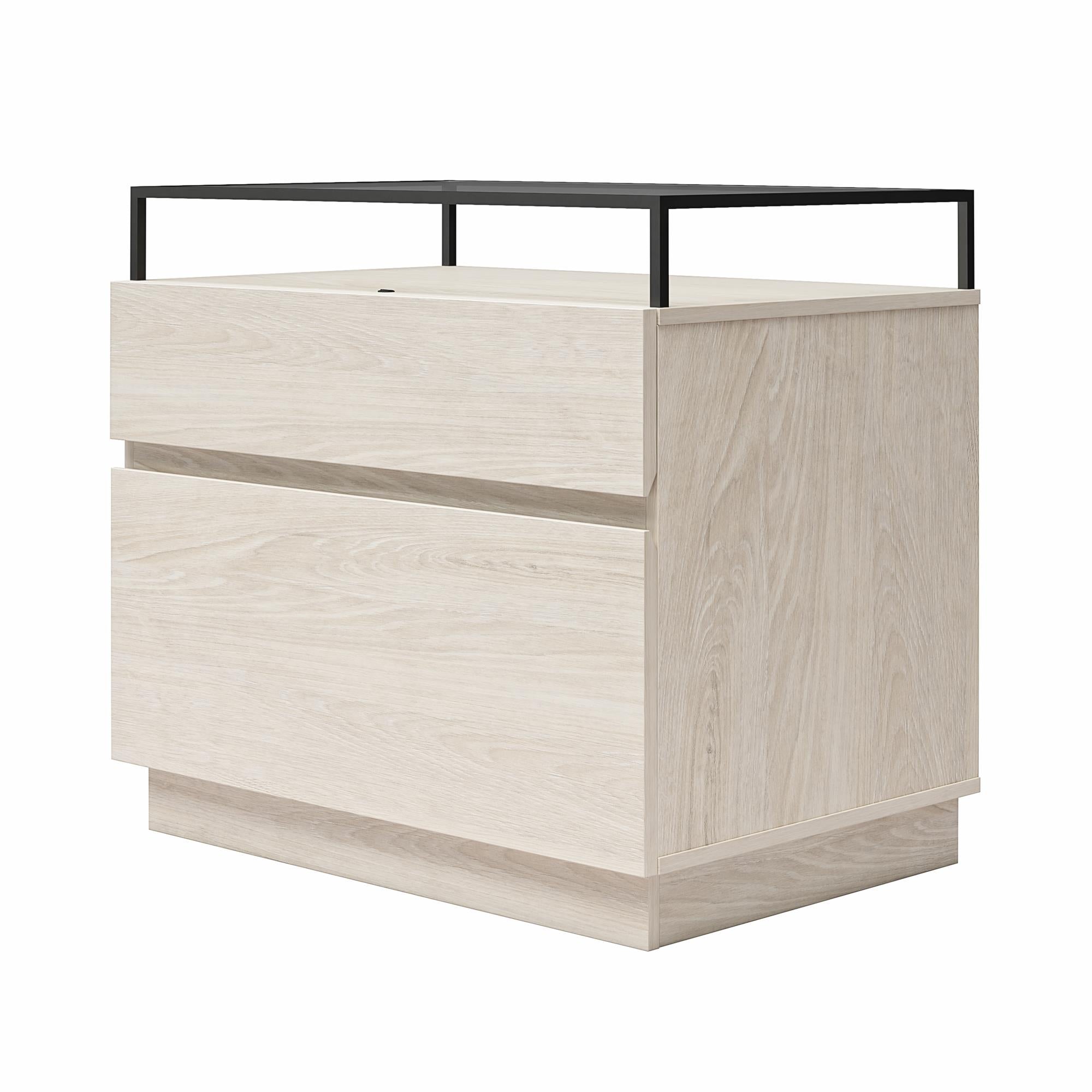 Devon Nightstand with Drawers, LED Lights and Glass Top, Eden Ash - Eden Ash