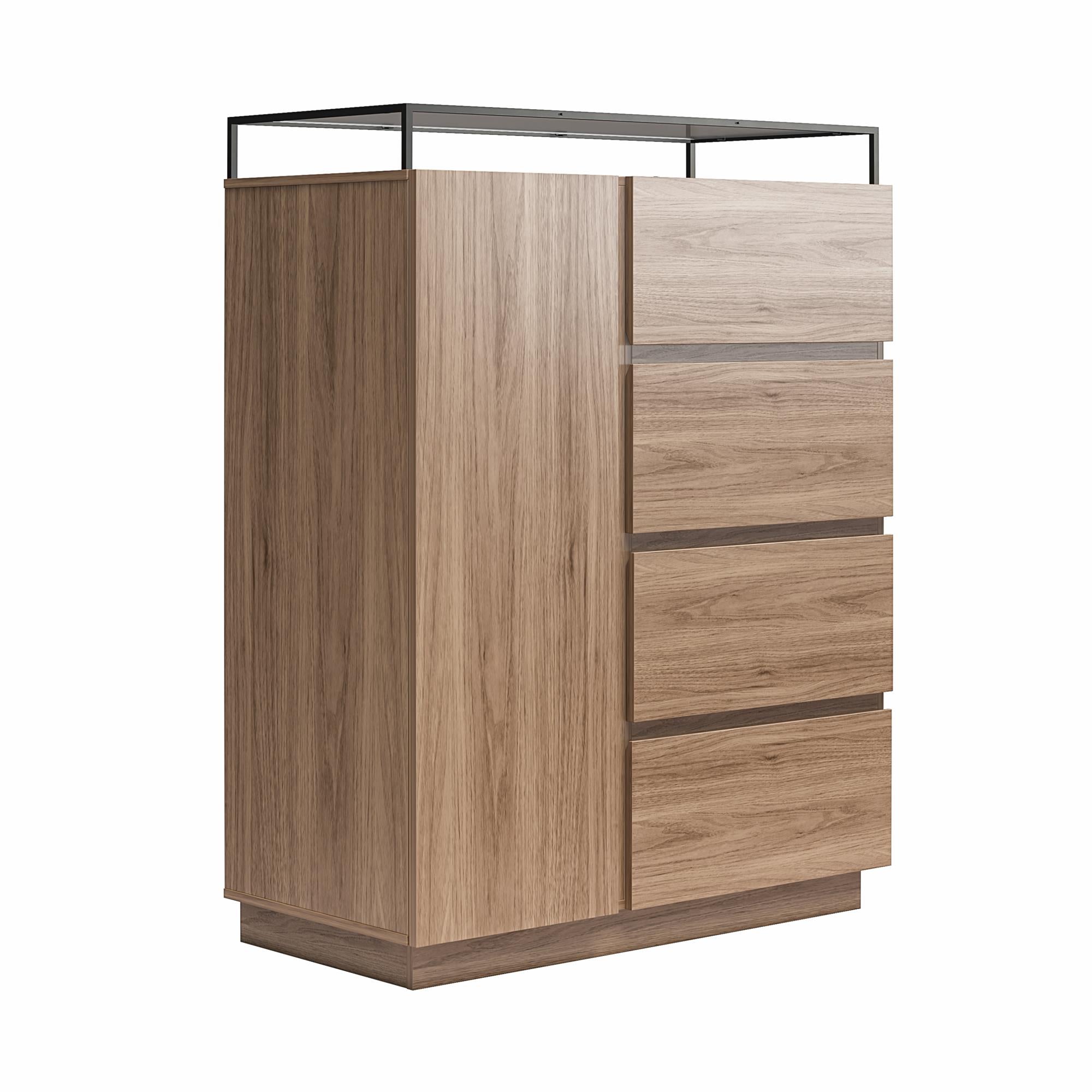 Devon 4-Drawer Dresser with Door, LED Lights and Glass Top, Danish Walnut - Danish Walnut