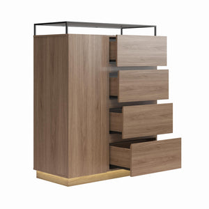 Devon 4-Drawer Dresser with Door, LED Lights and Glass Top, Danish Walnut - Danish Walnut