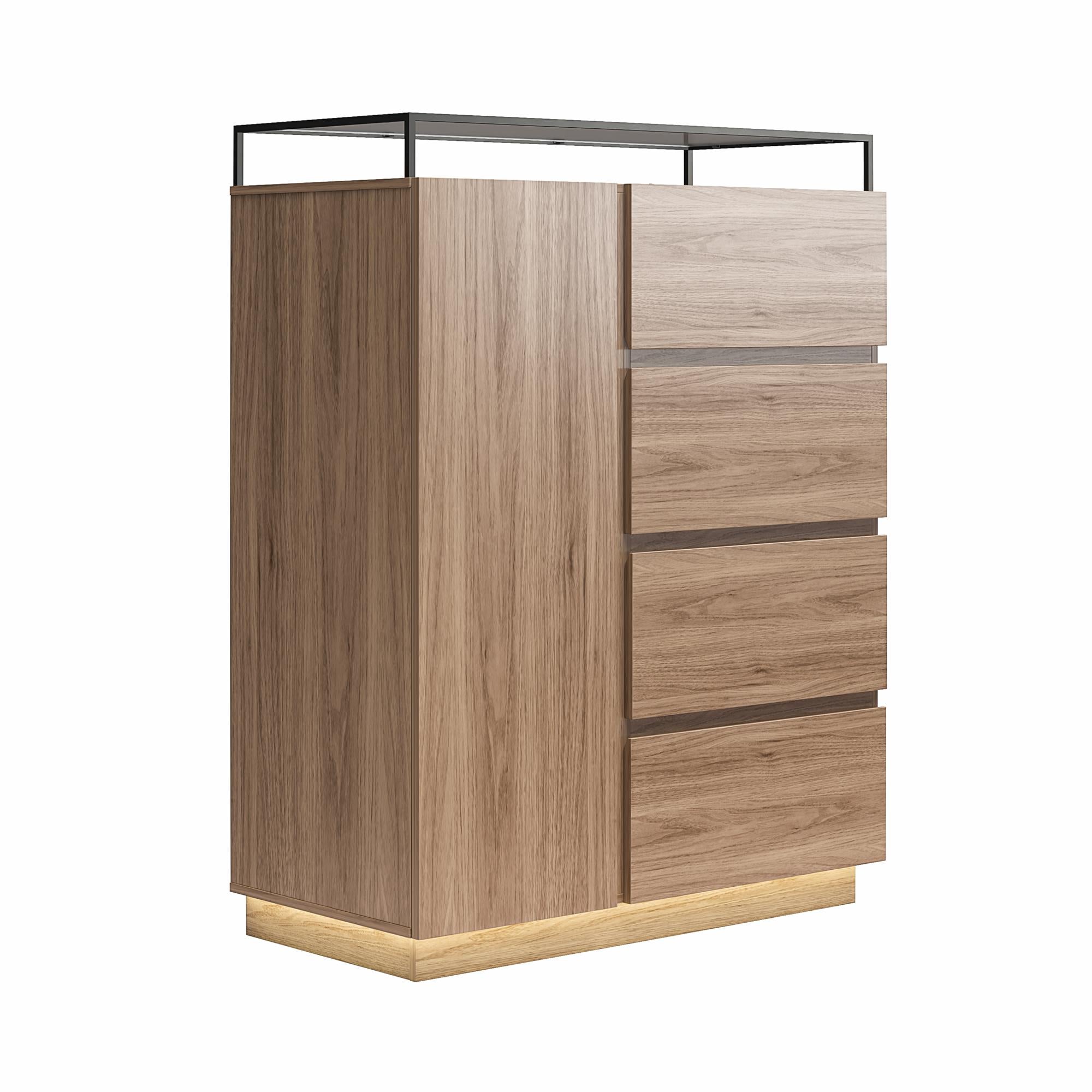 Devon 4-Drawer Dresser with Door, LED Lights and Glass Top, Danish Walnut - Danish Walnut