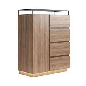 Devon 4-Drawer Dresser with Door, LED Lights and Glass Top, Danish Walnut - Danish Walnut