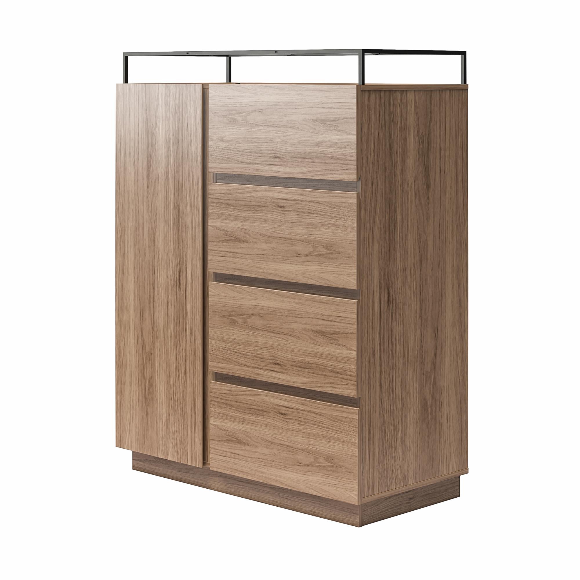 Devon 4-Drawer Dresser with Door, LED Lights and Glass Top, Danish Walnut - Danish Walnut