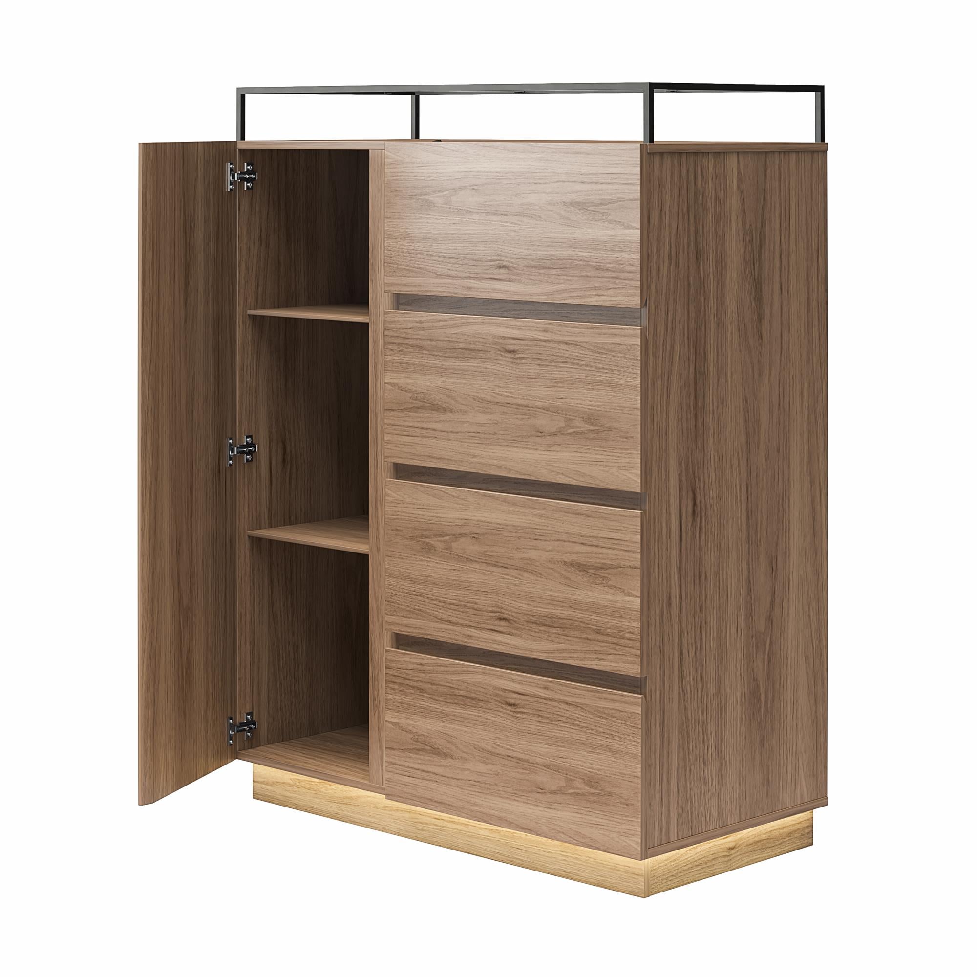 Devon 4-Drawer Dresser with Door, LED Lights and Glass Top, Danish Walnut - Danish Walnut