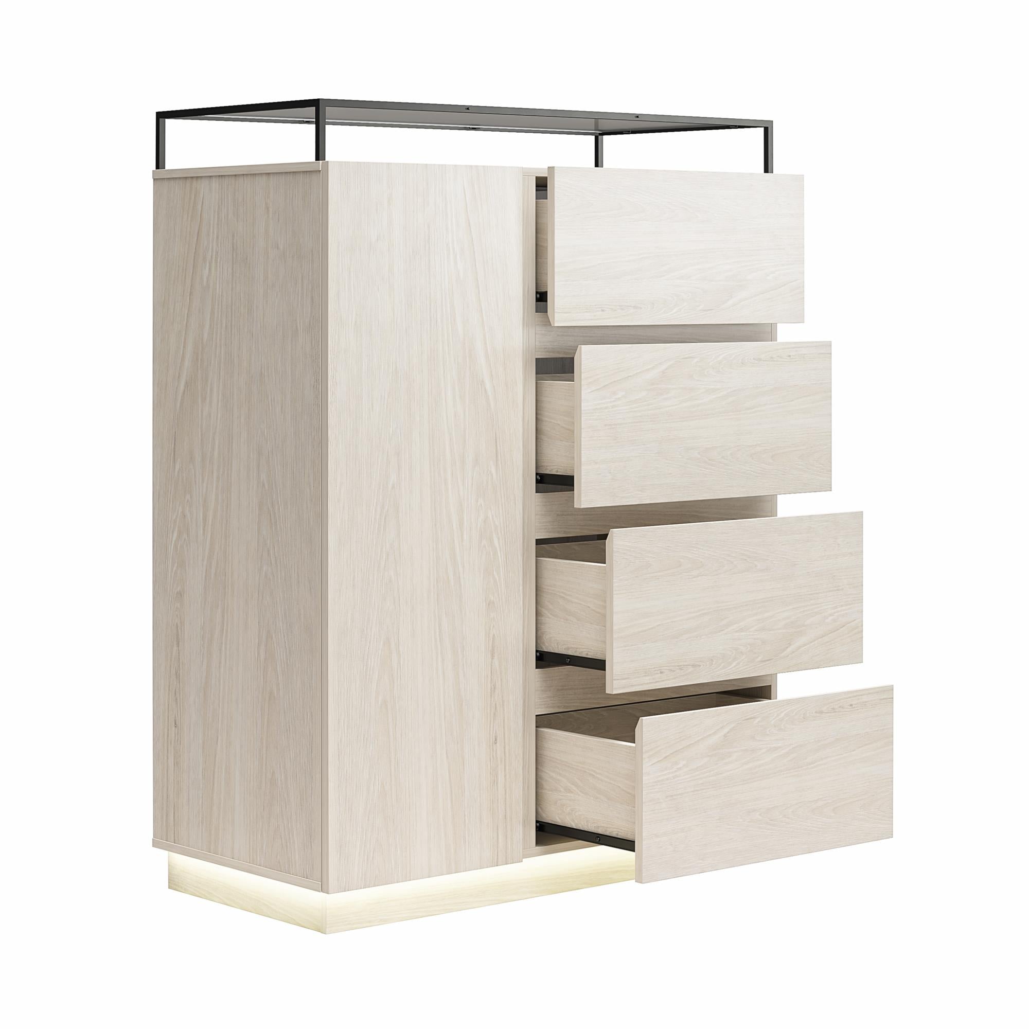 Devon 4-Drawer Dresser with Door, LED Lights and Glass Top, Eden Ash - Eden Ash