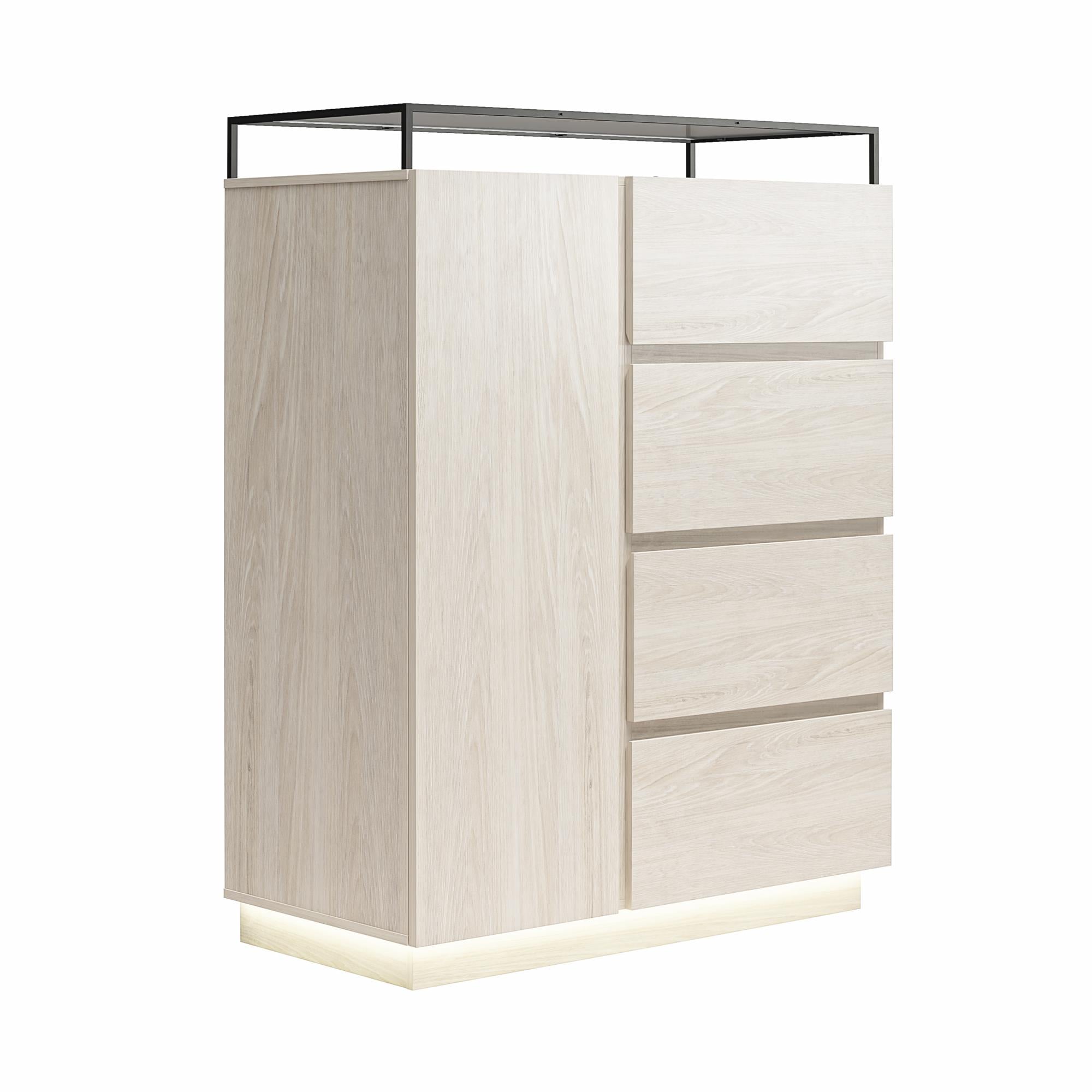 Devon 4-Drawer Dresser with Door, LED Lights and Glass Top, Eden Ash - Eden Ash