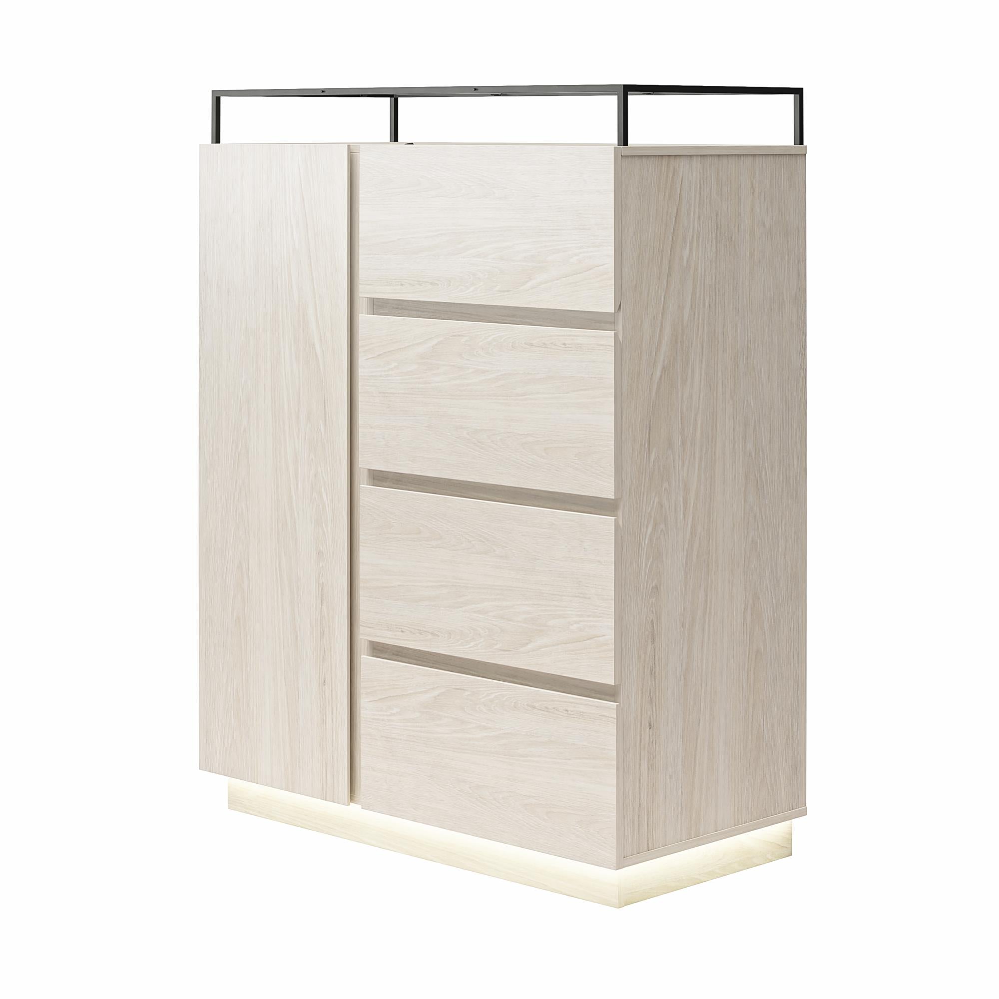 Devon 4-Drawer Dresser with Door, LED Lights and Glass Top, Eden Ash - Eden Ash