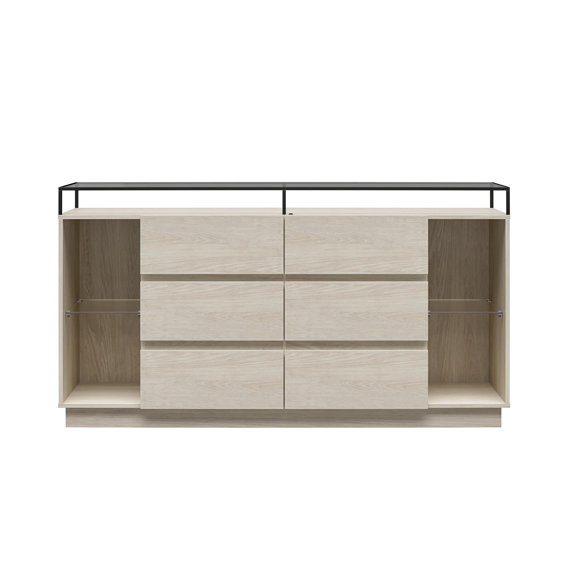Devon 6-Drawer Dresser with LED Lights and Glass Top, Eden Ash - Eden Ash - 6 Drawer