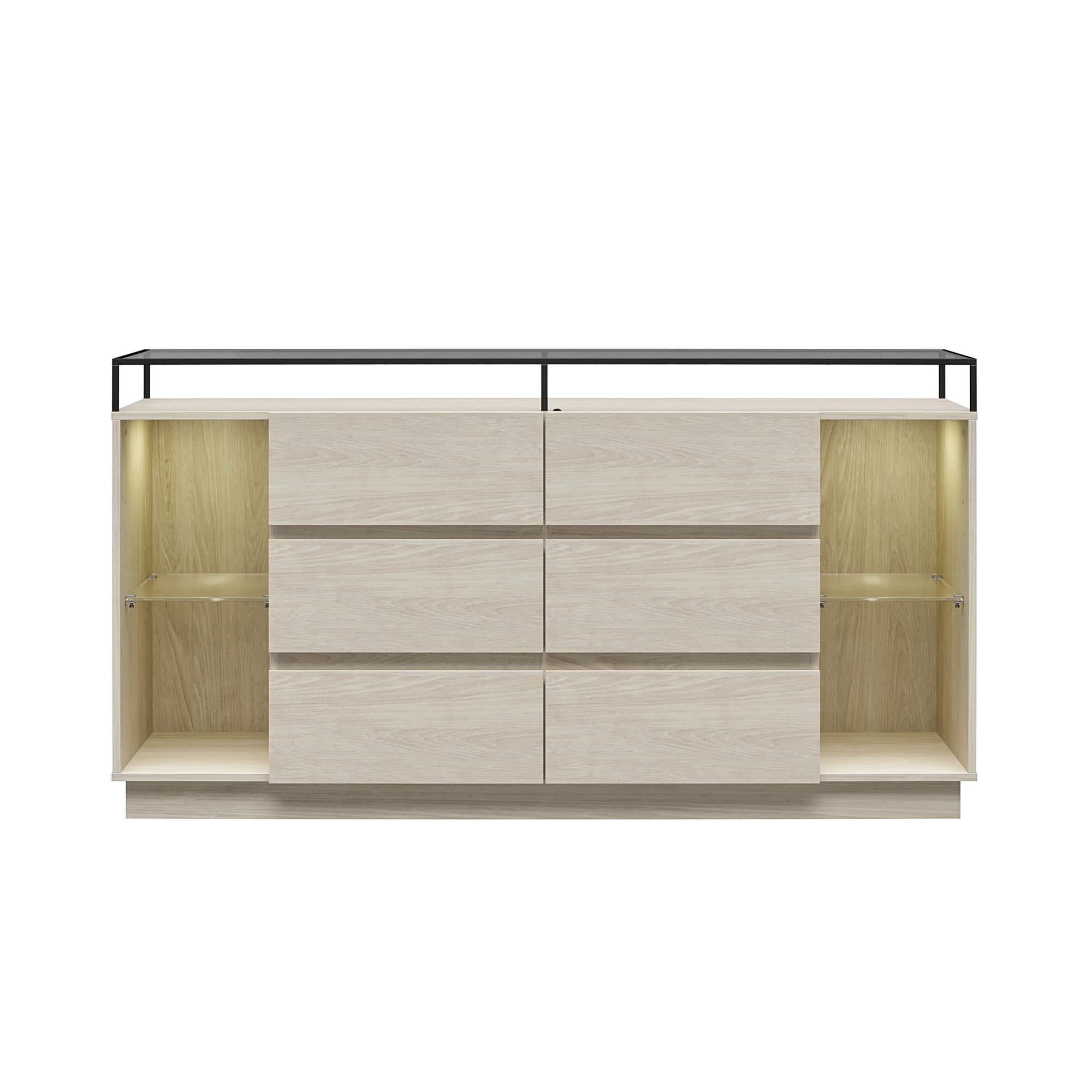 Devon 6-Drawer Dresser with LED Lights and Glass Top, Eden Ash - Eden Ash - 6 Drawer