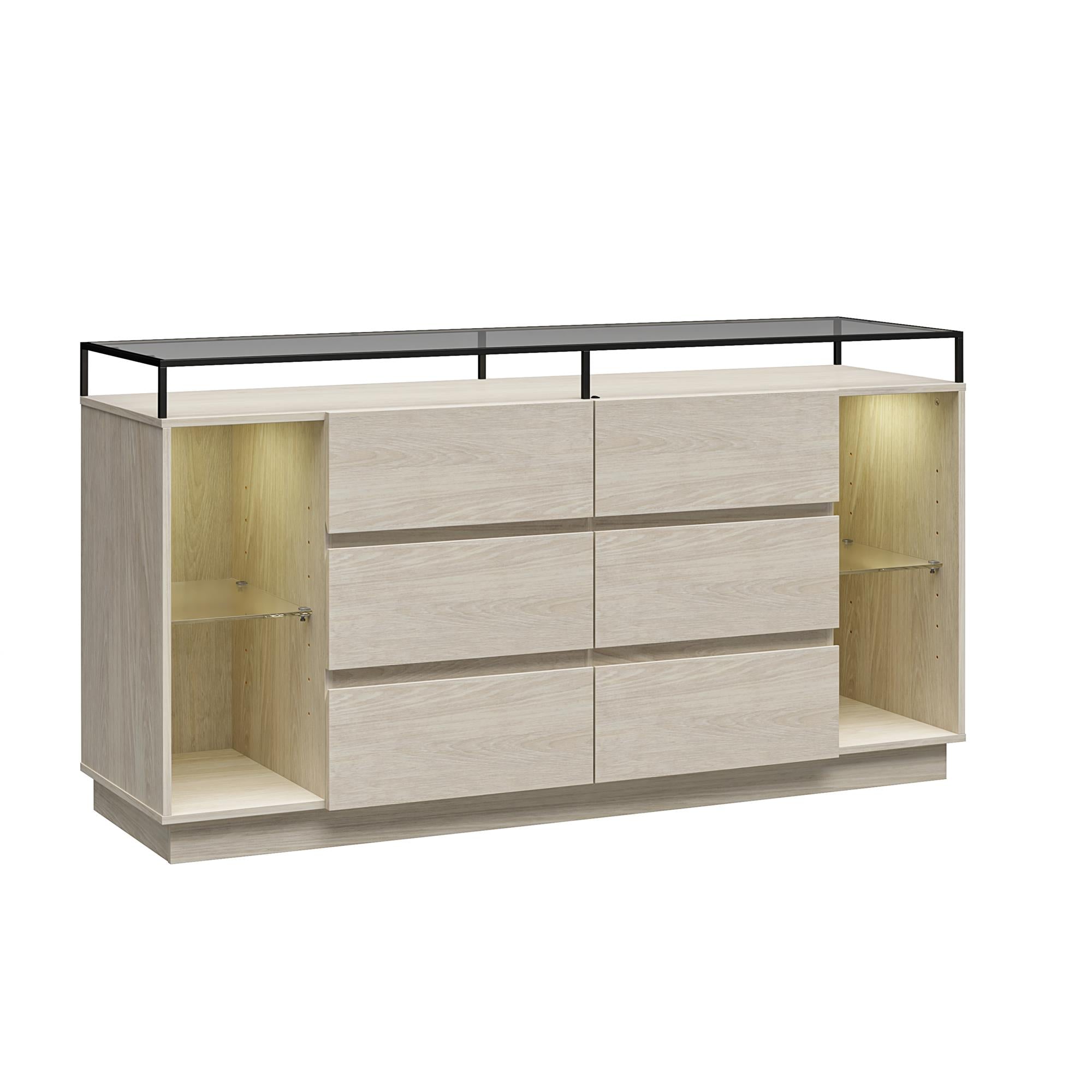 Devon 6-Drawer Dresser with LED Lights and Glass Top, Eden Ash - Eden Ash - 6 Drawer