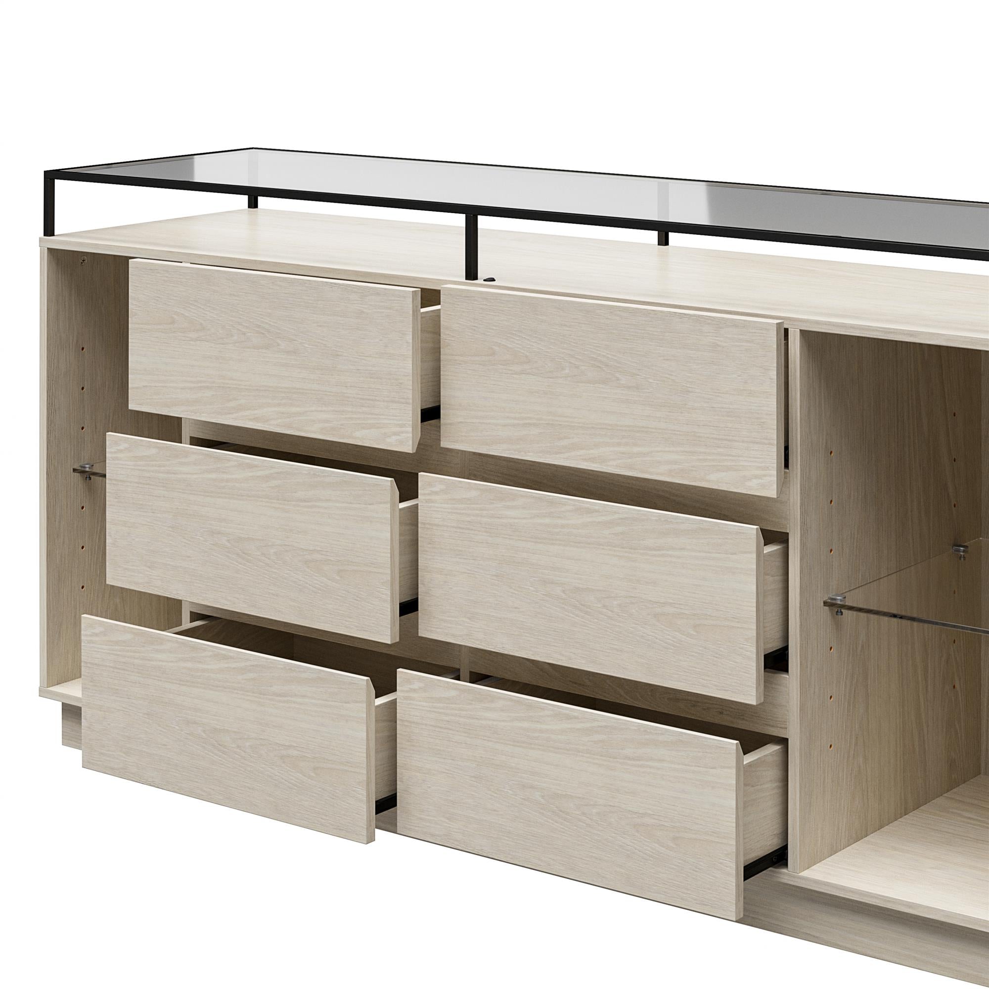 Devon 6-Drawer Dresser with LED Lights and Glass Top, Eden Ash - Eden Ash - 6 Drawer