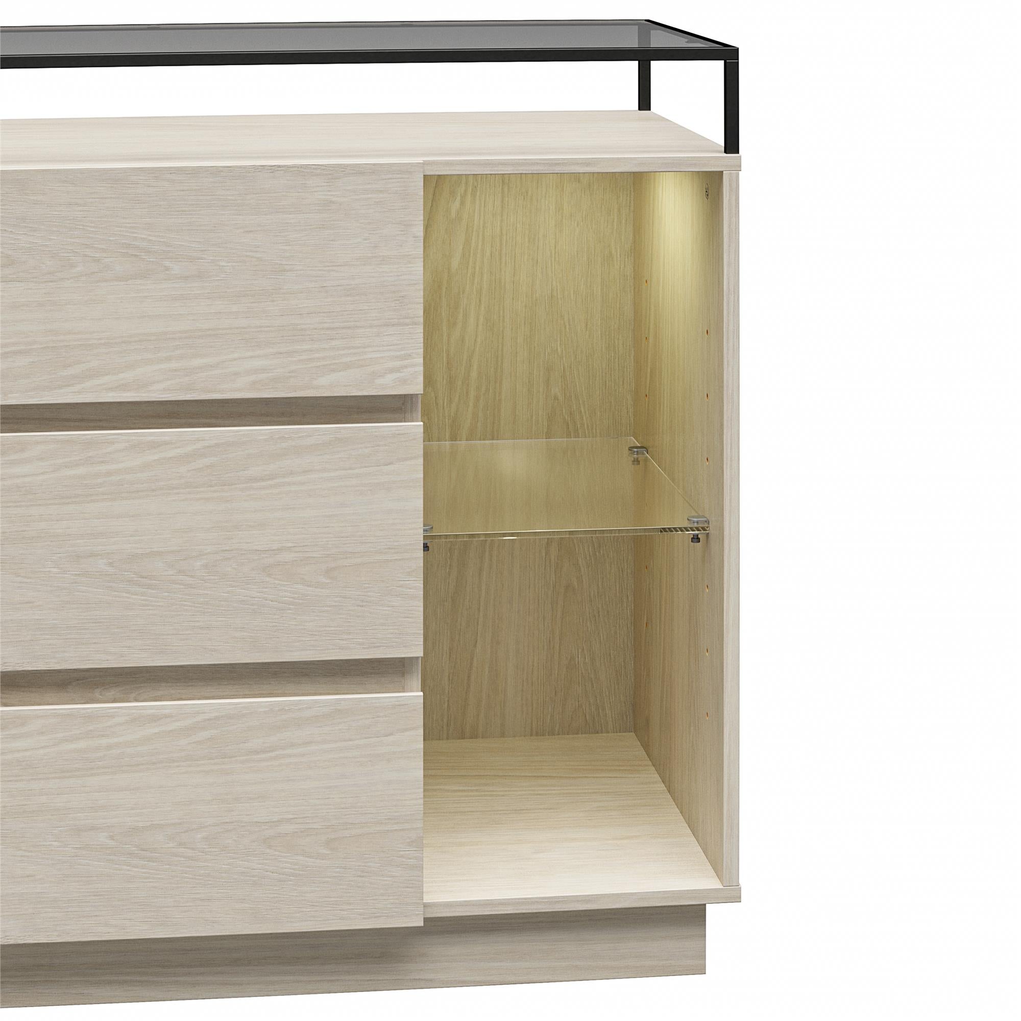 Devon 6-Drawer Dresser with LED Lights and Glass Top, Eden Ash - Eden Ash - 6 Drawer