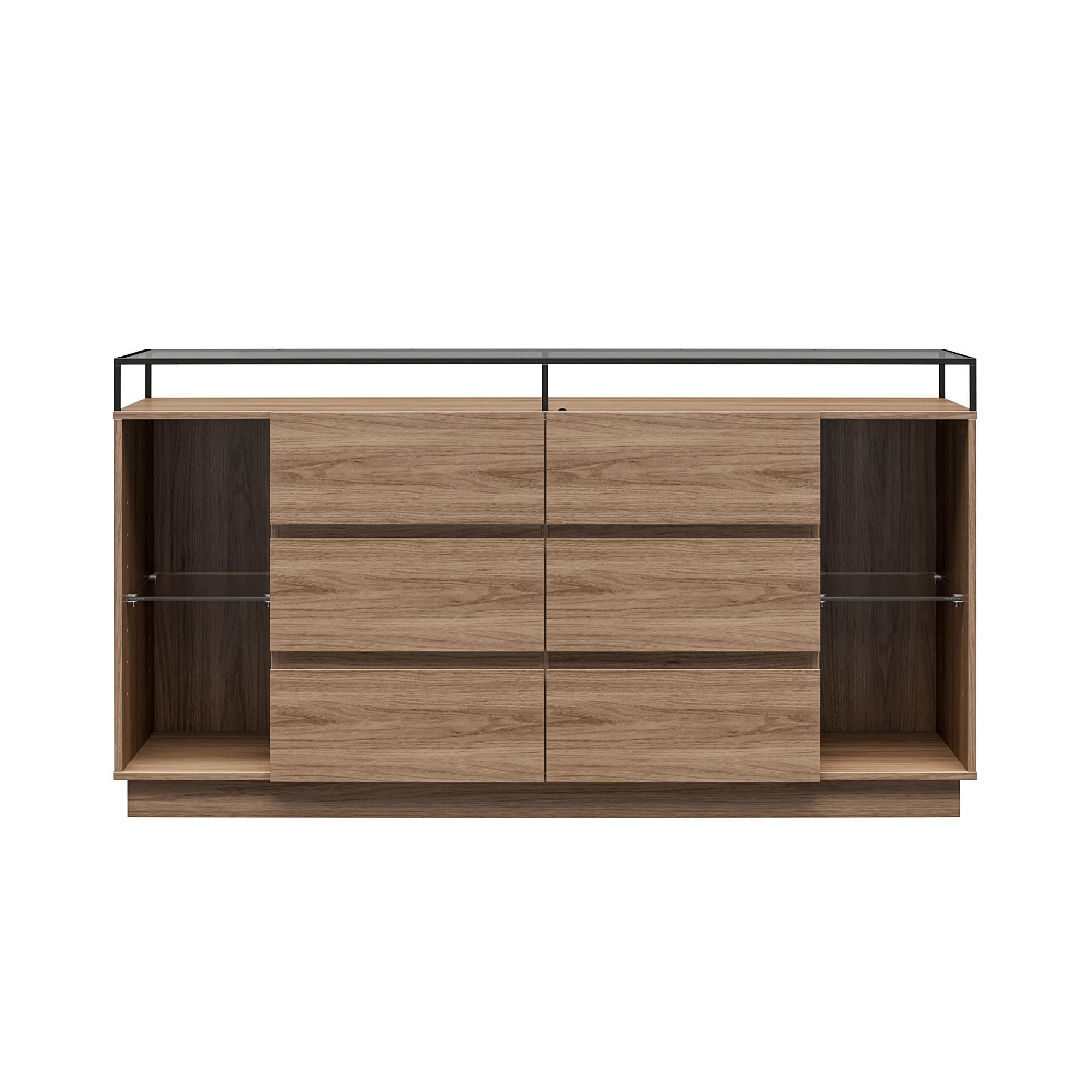 Devon 6-Drawer Dresser with LED Lights and Glass Top, Danish Walnut - Danish Walnut - 6 Drawer