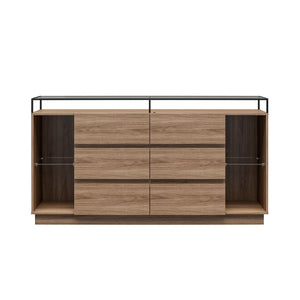 Devon 6-Drawer Dresser with LED Lights and Glass Top, Danish Walnut - Danish Walnut - 6 Drawer