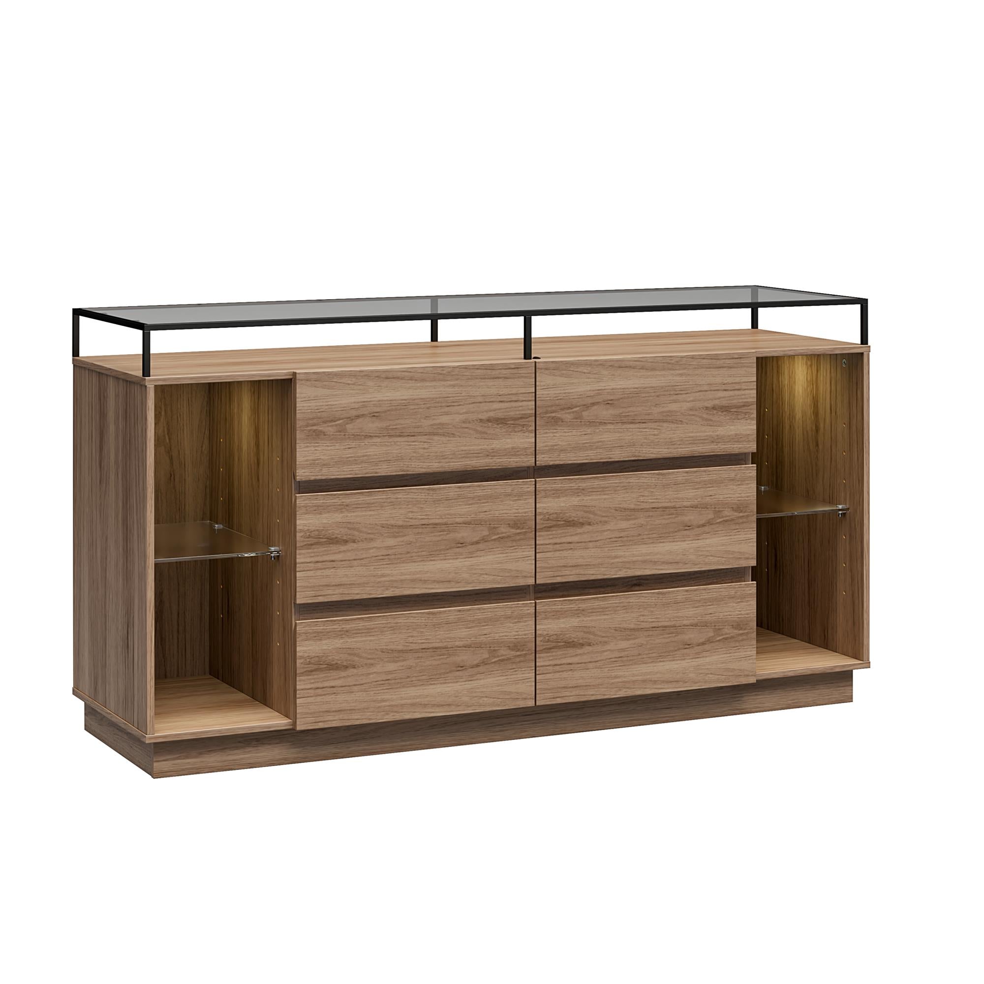 Devon 6-Drawer Dresser with LED Lights and Glass Top, Danish Walnut - Danish Walnut - 6 Drawer