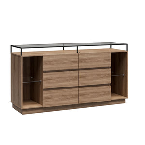 Devon 6-Drawer Dresser with LED Lights and Glass Top, Danish Walnut - Danish Walnut - 6 Drawer