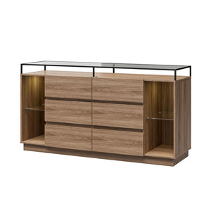Devon 6-Drawer Dresser with LED Lights and Glass Top, Danish Walnut - Danish Walnut - 6 Drawer
