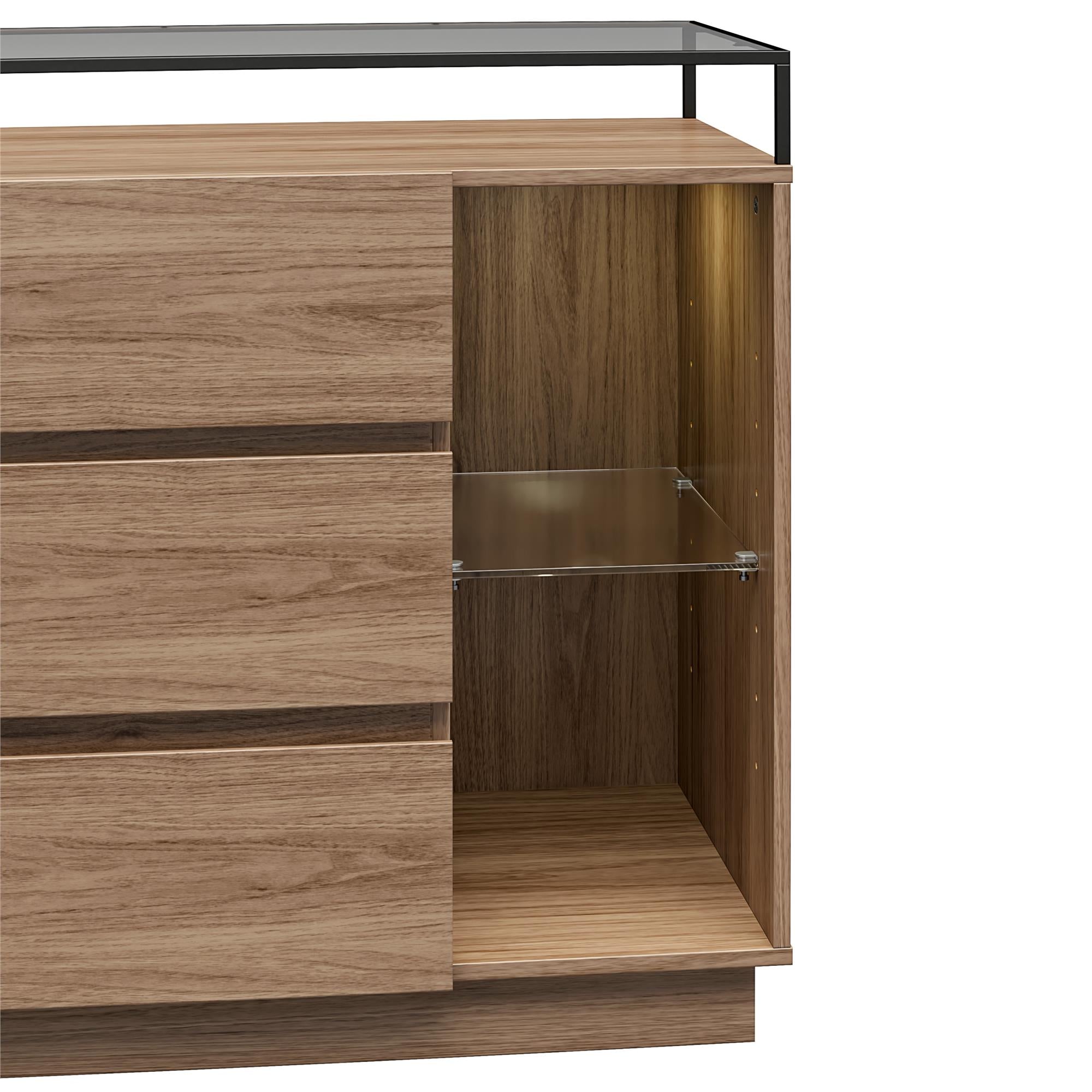Devon 6-Drawer Dresser with LED Lights and Glass Top, Danish Walnut - Danish Walnut - 6 Drawer