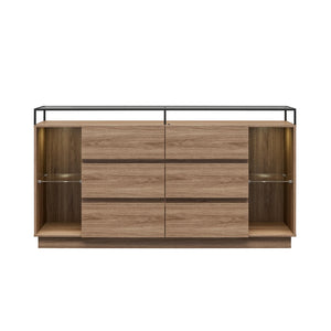 Devon 6-Drawer Dresser with LED Lights and Glass Top, Danish Walnut - Danish Walnut - 6 Drawer