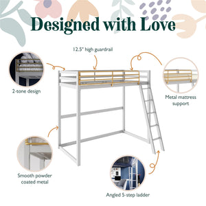 Max & Finn Haven Twin Metal Loft Bed, Dove Gray & Gold - Dove Gray - Twin