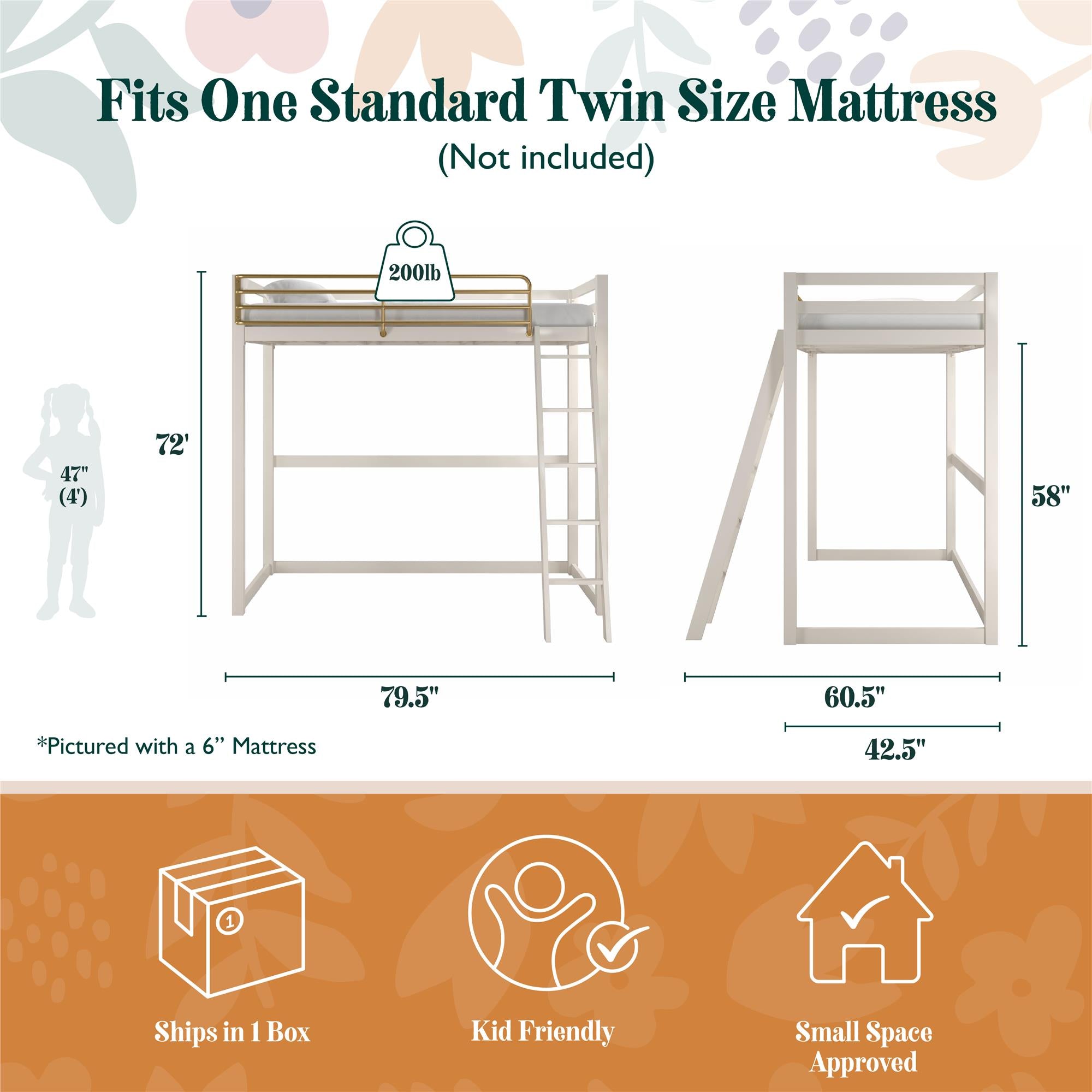 Max & Finn Haven Twin Metal Loft Bed, White & Gold Bars - White - Twin
