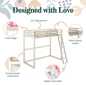 Max & Finn Haven Twin Metal Loft Bed, White & Gold Bars - White - Twin